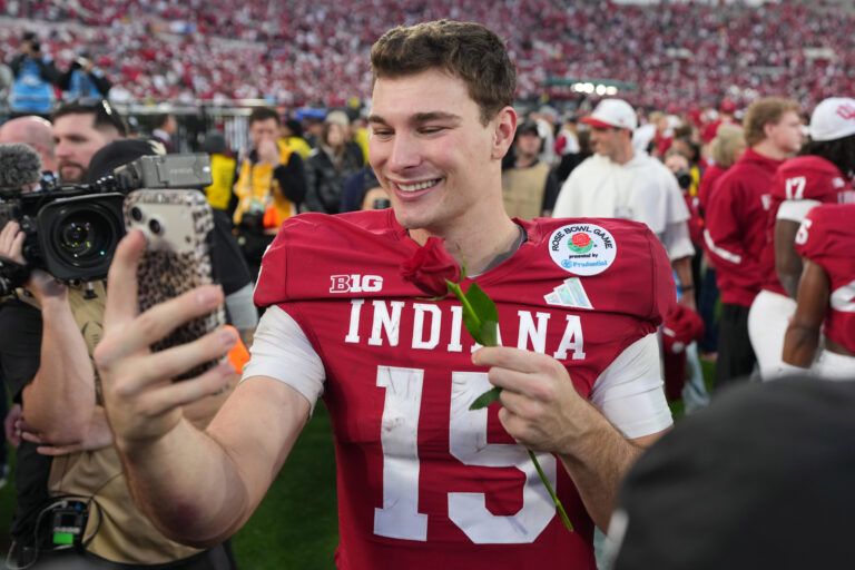Indiana Hoosiers quarterback Fernando Mendoza (15) reacts after the 2025 Rose Bowl and quarterfinal game of the College Football Playoff against the Alabama Crimson Tide at Rose Bowl Stadium.
