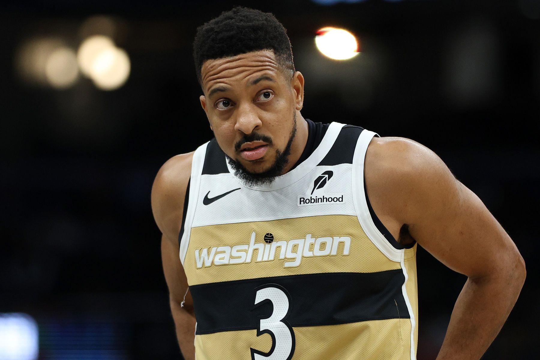 Washington Wizards guard CJ McCollum (3) looks on during the second half against the Brooklyn Nets at Capital One Arena.