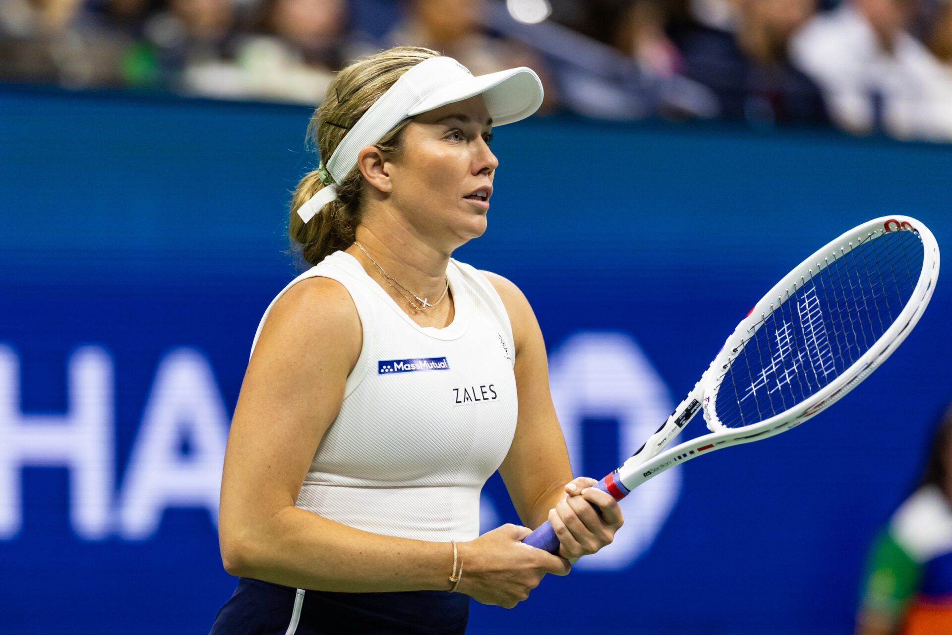 Danielle Collins of the United States and Christian Harrison of the United States in action against Sara Errani of Italy and Andrea Vavassori of Italy in the semi-final of the mixed doubles tournament at the US Open at Arthur Ashe Stadium.