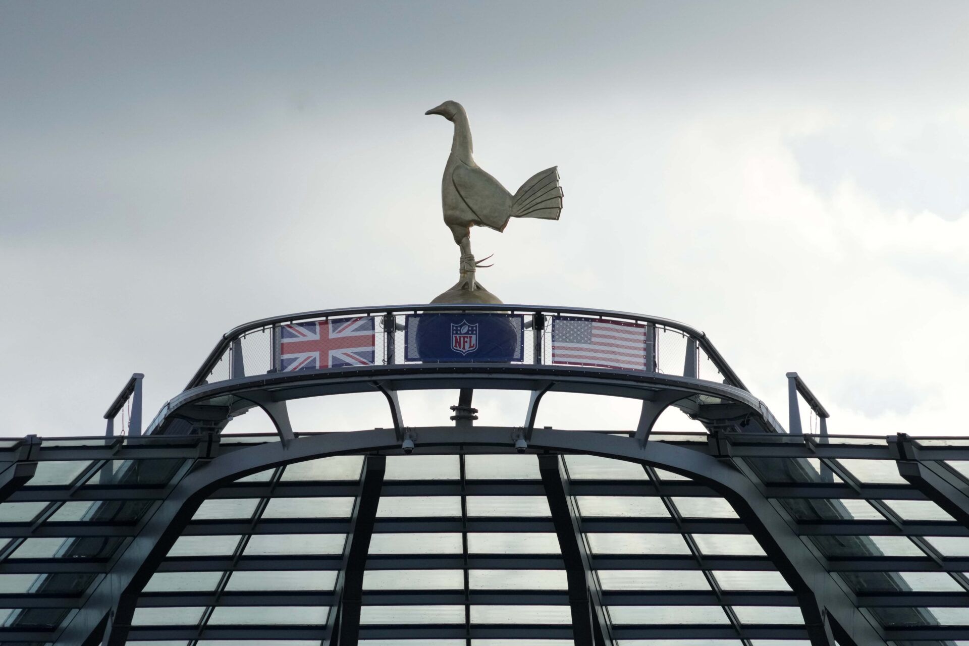 British and United States flags are seen during an NFL International Series game between the New York Jets and the Atlanta Falcons at Tottenham Hotspur Stadium. The Falcons defeated the Jets 27-20.