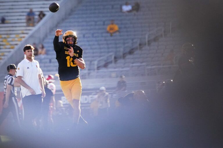 ASU Sun Devils quarterback Sam Leavitt (10) warms up before the game against the Houston Cougars at Mountain America Stadium in Tempe on Oct. 25, 2025.