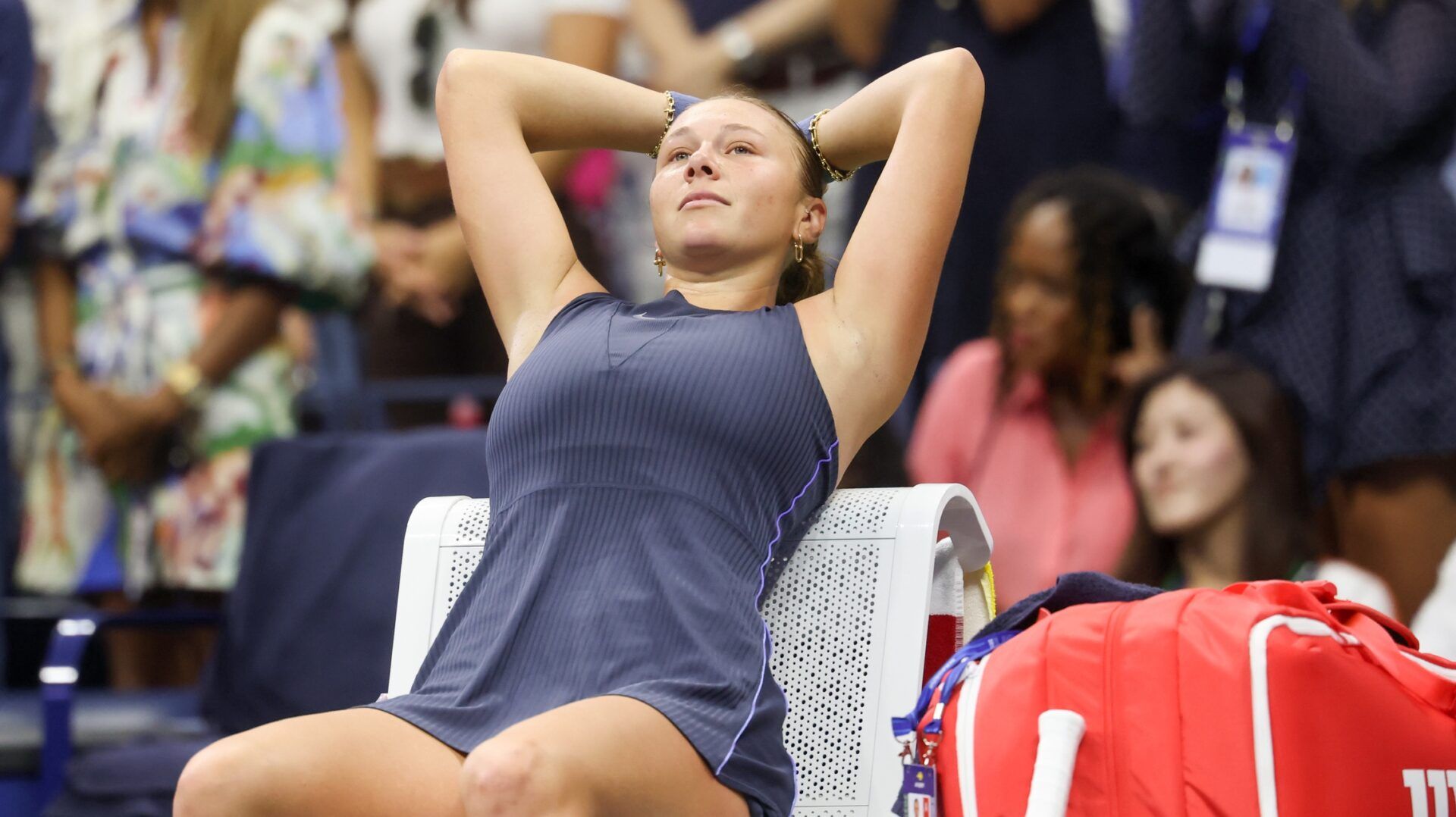 Amanda Anisimova (USA) reacts after loosing the women's singles final against Aryna Sabalenka (not pictured) of the 2025 US Open tennis championships at Billie Jean King National Tennis Center.
