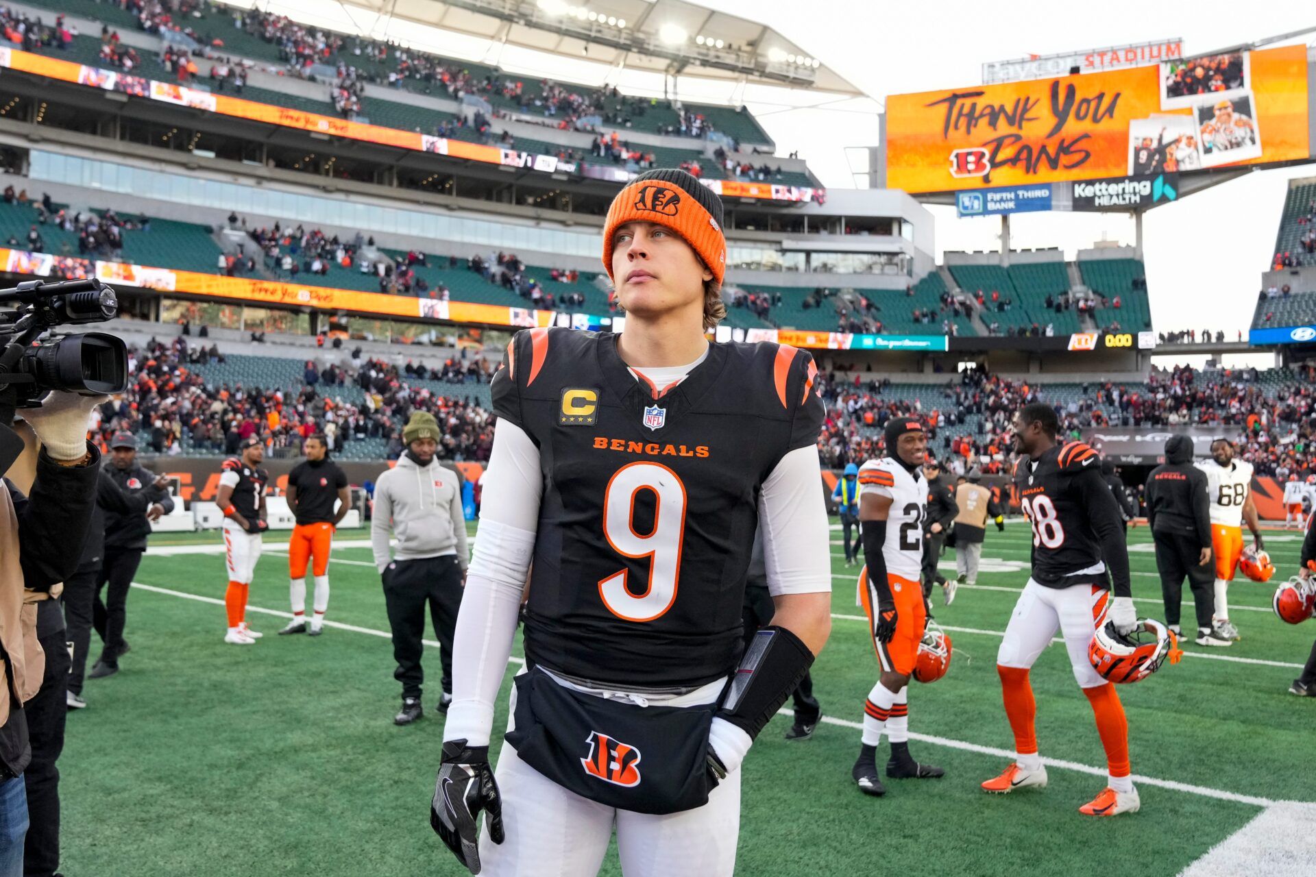 Cincinnati Bengals quarterback Joe Burrow (9) looks for hands to shake after the fourth quarter of the NFL Week 18 game between the Cincinnati Bengals and the Cleveland Browns at Paycor Stadium in Downtown Cincinnati on Sunday, Jan. 4, 2026. The Browns kicked a last second field goal to win 20-18.