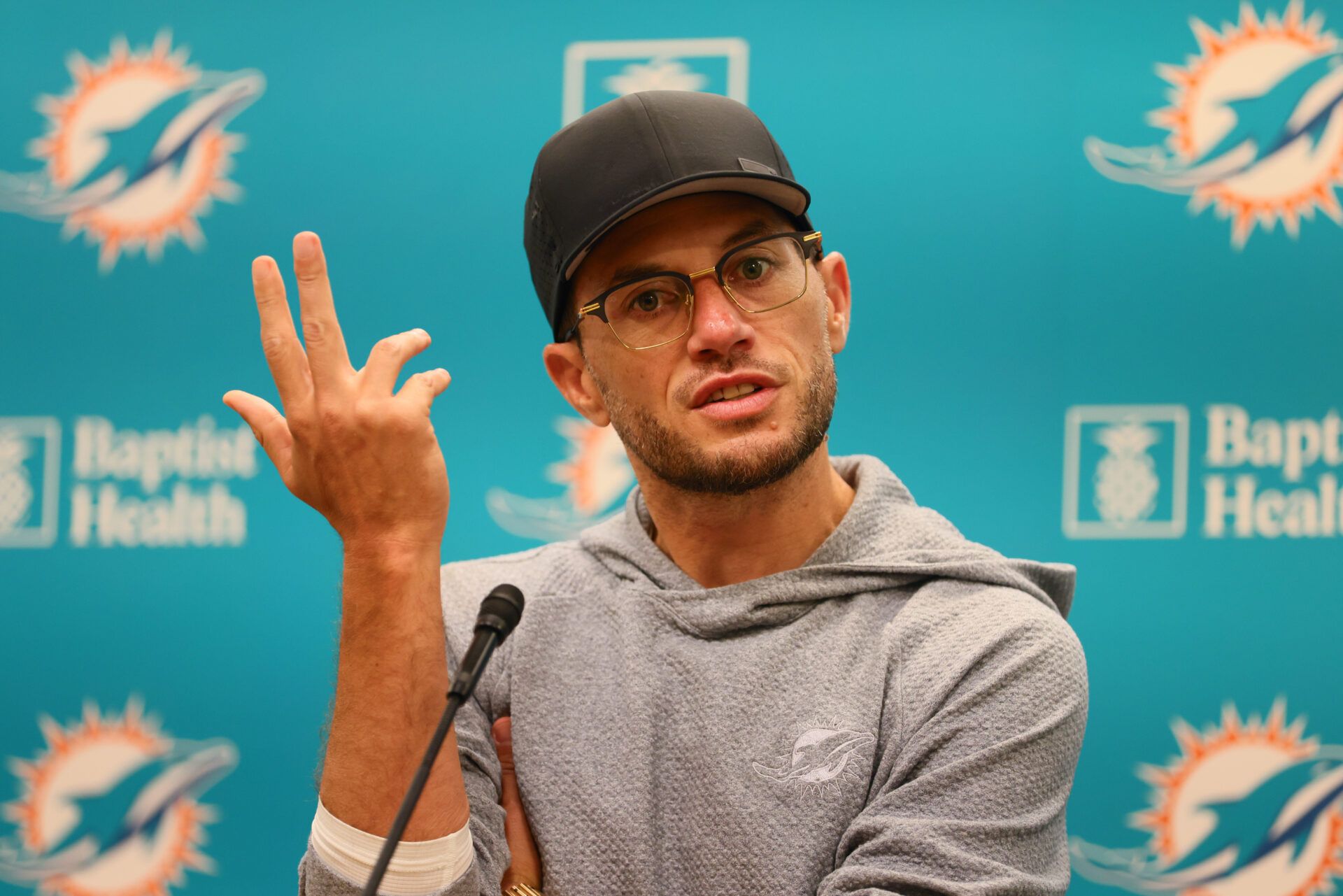 Miami Dolphins head coach Mike McDaniel speaks to reporters during mandatory minicamp at Baptist Health Training Complex.