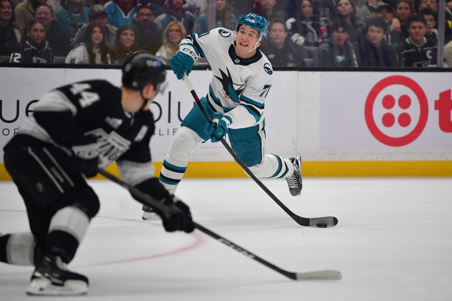 San Jose Sharks center Macklin Celebrini (71) shoots against the Los Angeles Kings during the first period at Crypto.com Arena.
