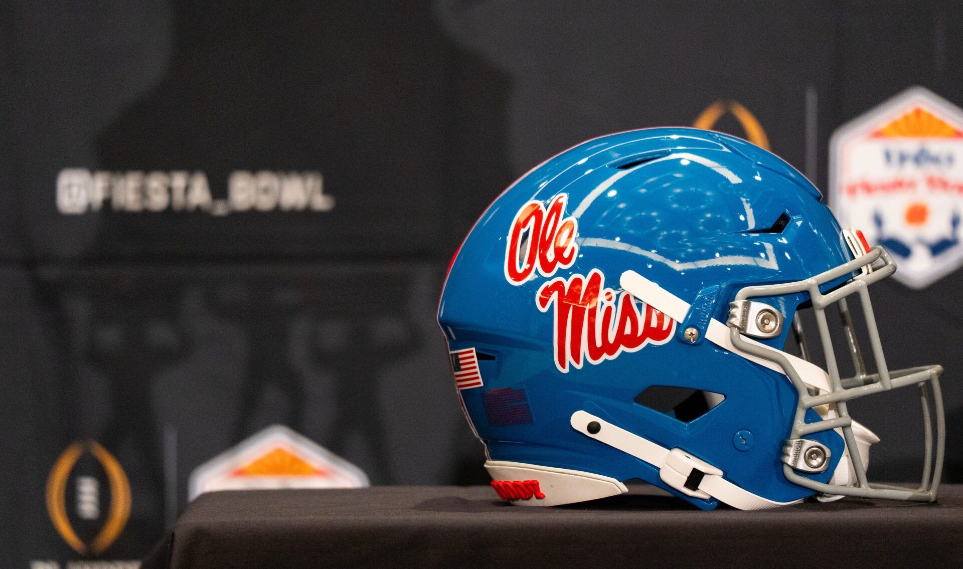 An Ole Miss helmet is seen during a CFP and Fiesta Bowl press conference at the JW Marriott Scottsdale Camelback Inn Resort & Spa, in Scottsdale, Ariz., on Wednesday, Jan. 7, 2026.