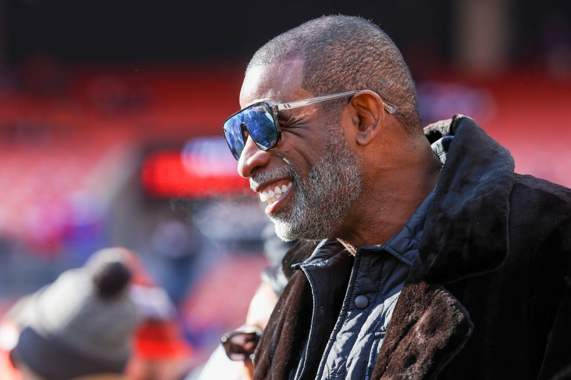 Legendary  football and baseball player and father of Cleveland Browns quarterback Shedeur Sanders, Deion Sanders on the sidelines prior to a game against the Buffalo Bills at Huntington Bank Field. Credit: Scott Galvin-Imagn Images