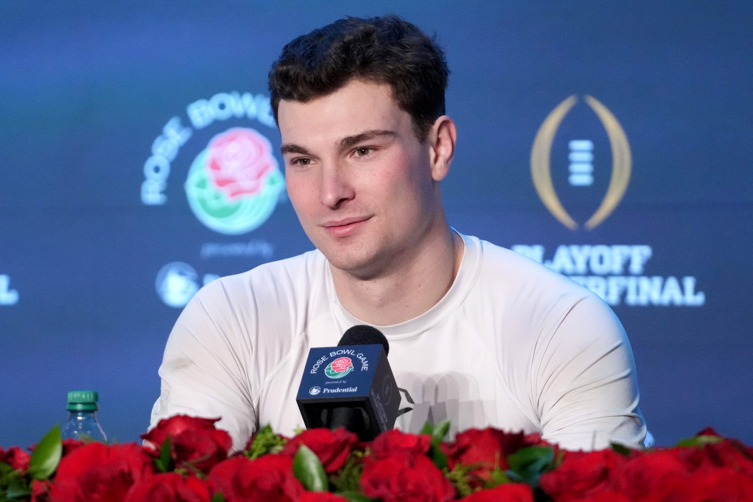 Indiana Hoosiers quarterback Fernando Mendoza (15) speaks in a press conference after defeating the Alabama Crimson Tide in the 2026 Rose Bowl and quarterfinal game of the College Football Playoff at Rose Bowl Stadium.