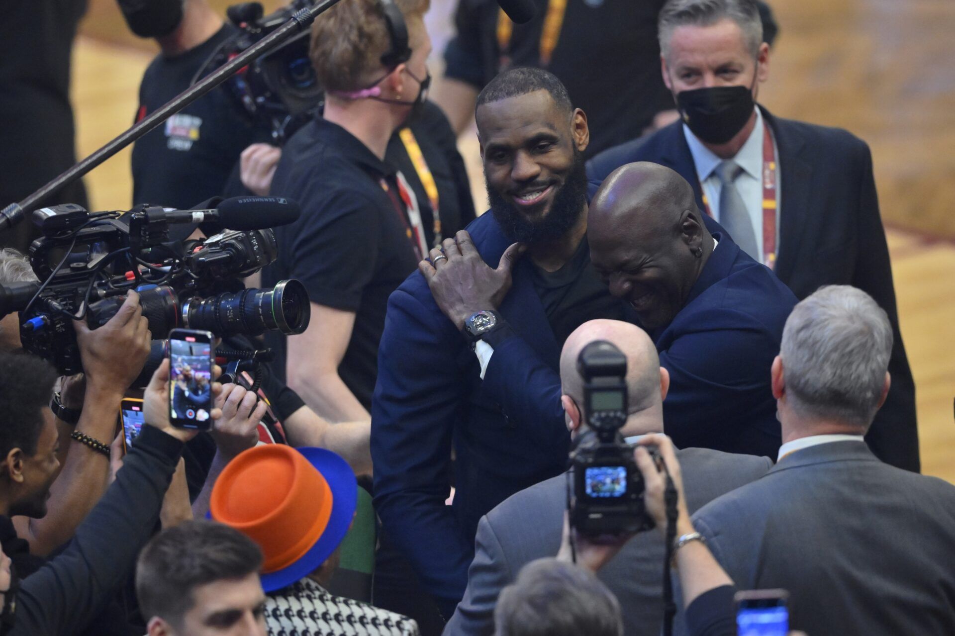 Lebron James and Michael Jordan on court during halftime during the 2022 NBA All-Star Game at Rocket Mortgage FieldHouse.