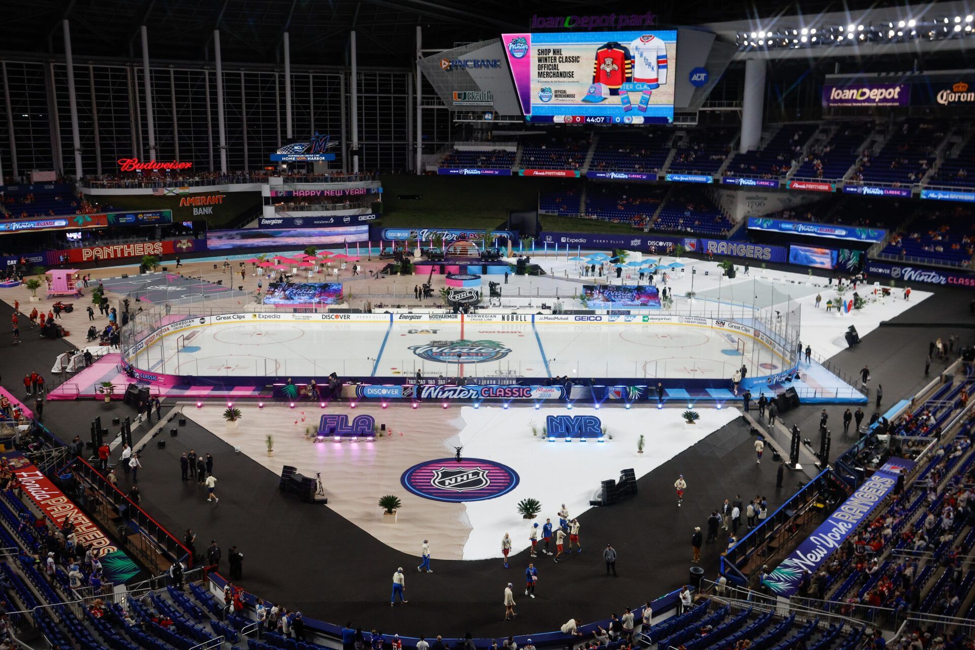 A general view inside the stadium prior to the 2026 Winter Classic ice hockey game between the Florida Panthers and the New York Rangers at loanDepot Park.