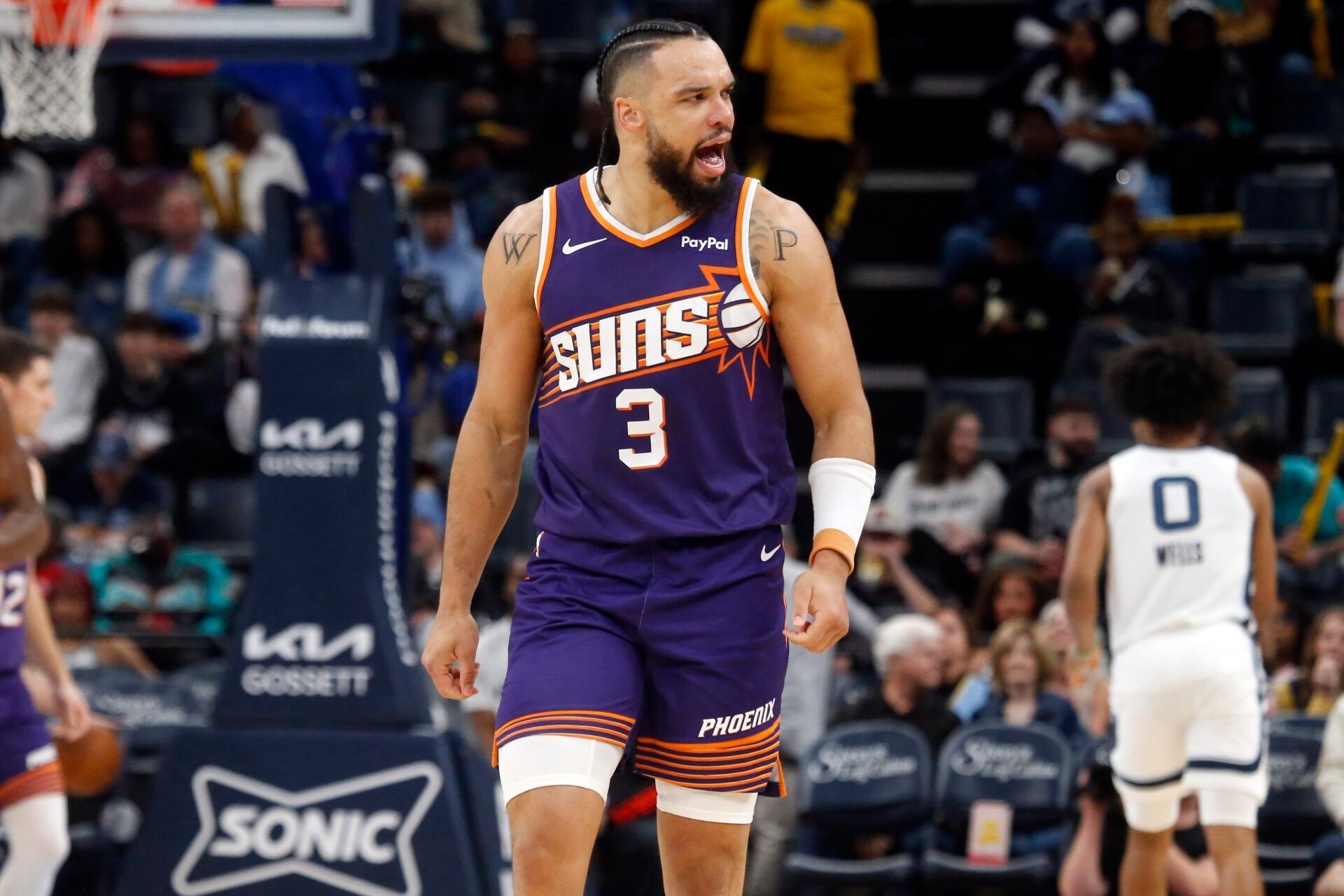 Phoenix Suns forward Dillon Brooks (3) reacts during the third quarter against the Memphis Grizzlies at FedExForum.