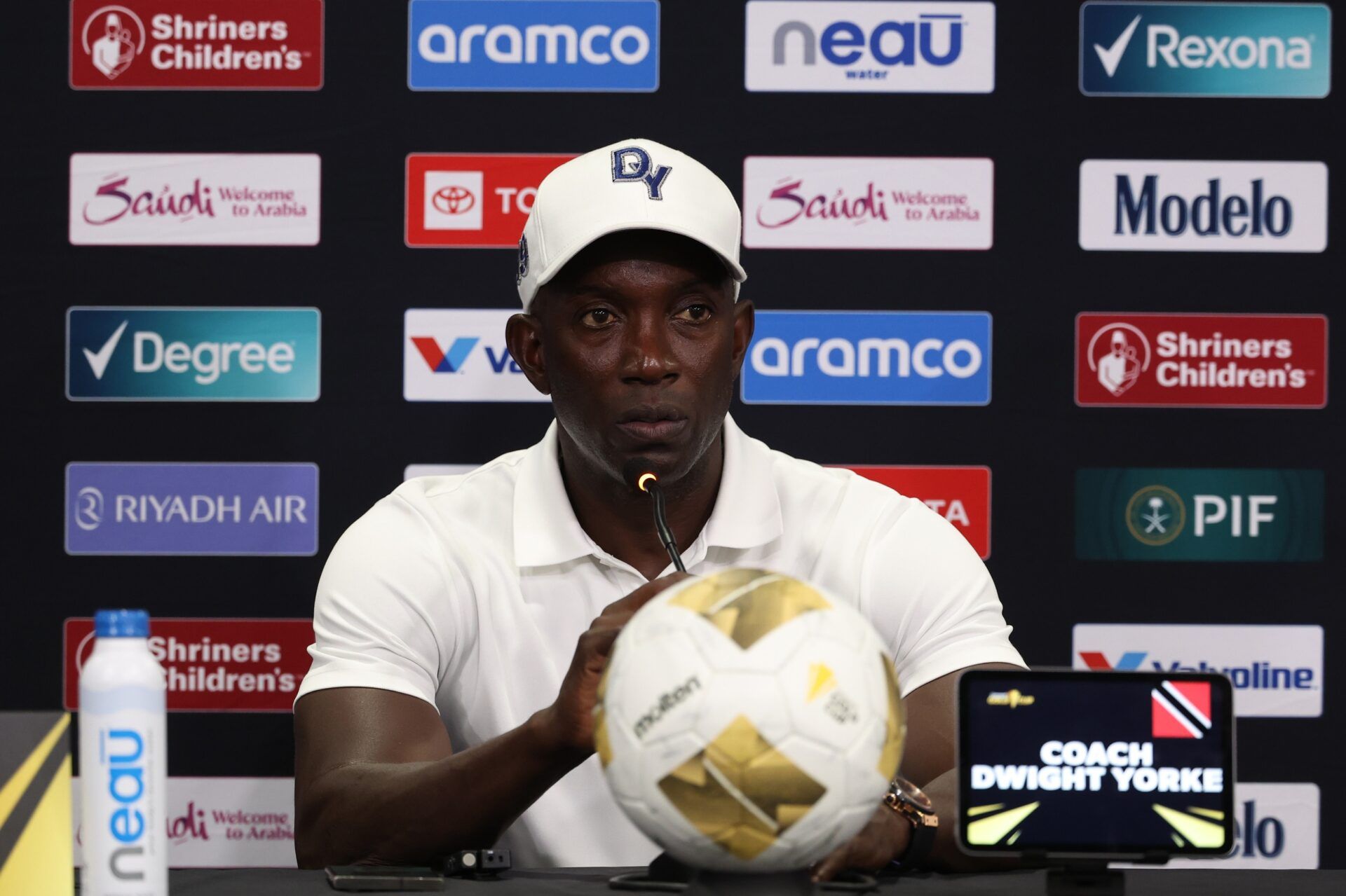 Trinidad and Tobago head coach Dwight Yorke speaks in a press conference after a group stage match against Haiti in the 2025 Gold Cup at Shell Energy Stadium.