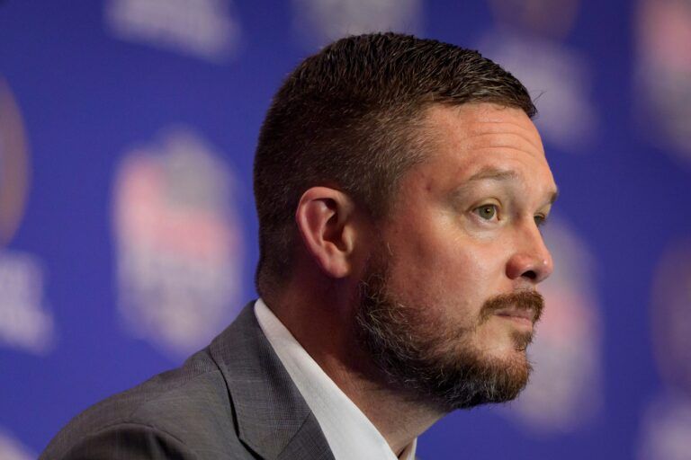 Oregon head coach Dan Lanning listens to a reporter’s question during the head coaches’ press conference ahead of the Peach Bowl at the College Football Hall of Fame in Atlanta, Georgia, on Jan. 8, 2026.