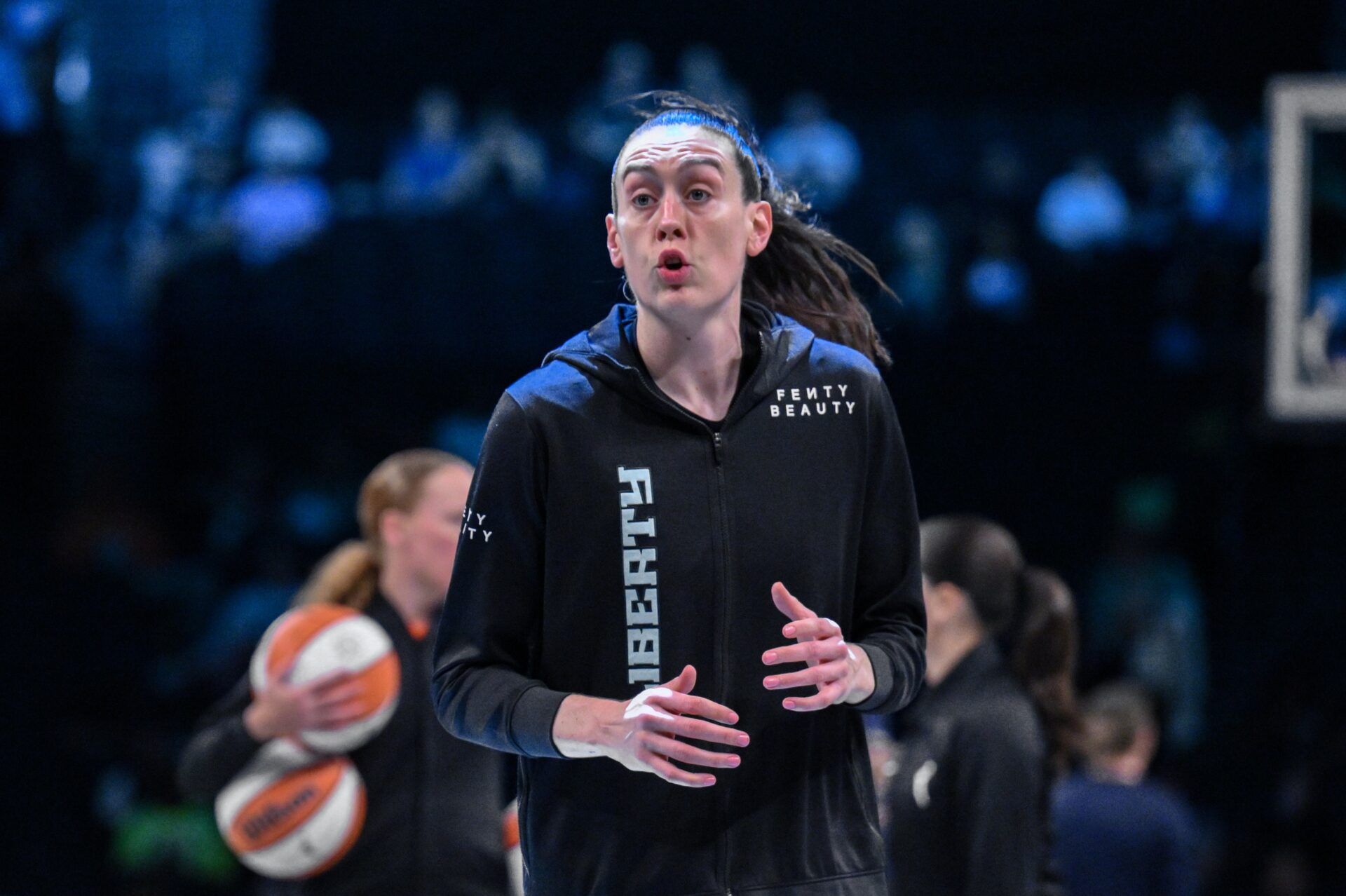 New York Liberty forward Breanna Stewart (30) warms up before a game against the Connecticut Sun at Barclays Center.