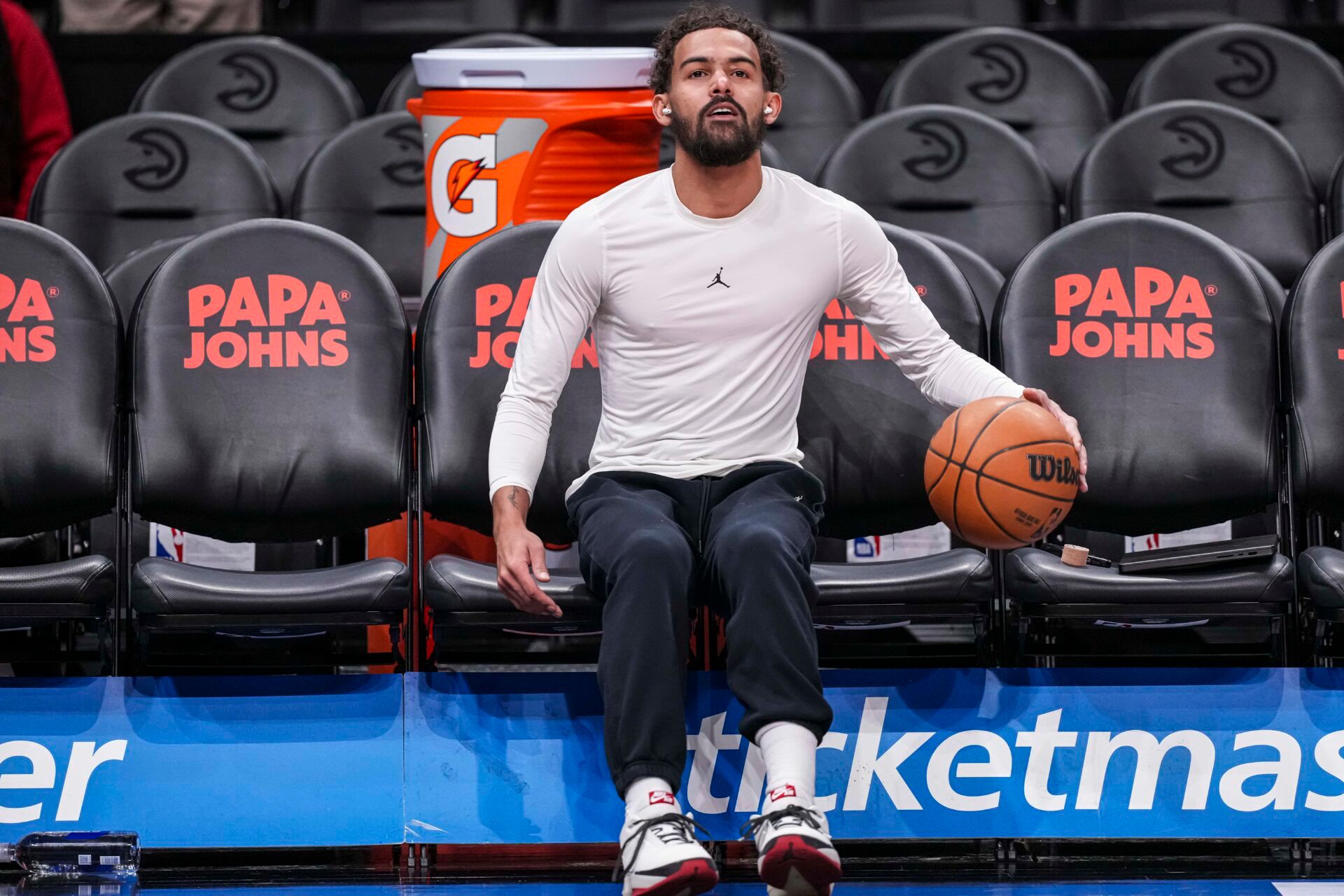 Atlanta Hawks guard Trae Young (11) shown on the court before the game against the New Orleans Pelicans at State Farm Arena.