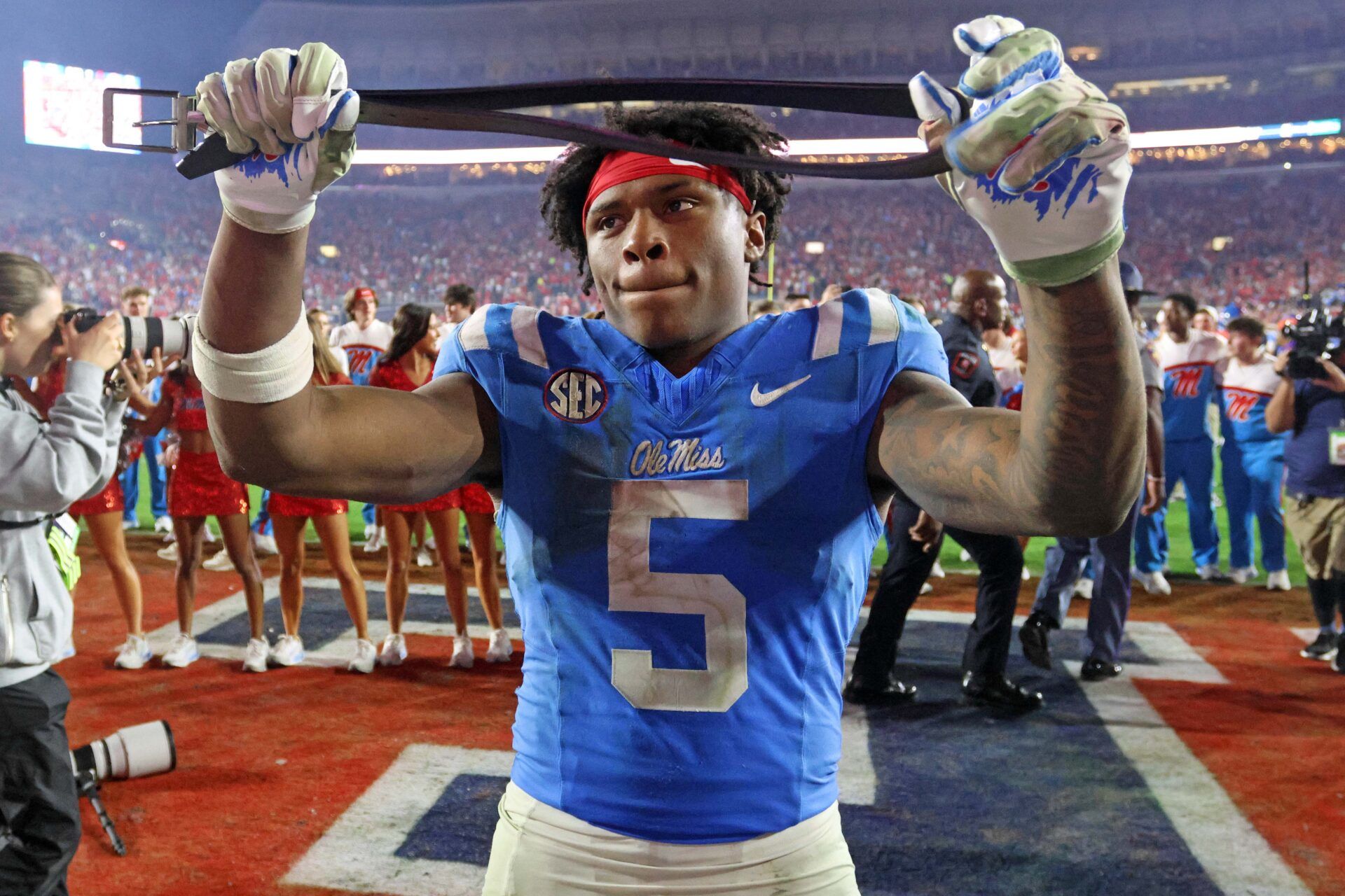 Mississippi Rebels running back Kewan Lacy (5) reacts with a belt after defeating the Florida Gators at Vaught-Hemingway Stadium.