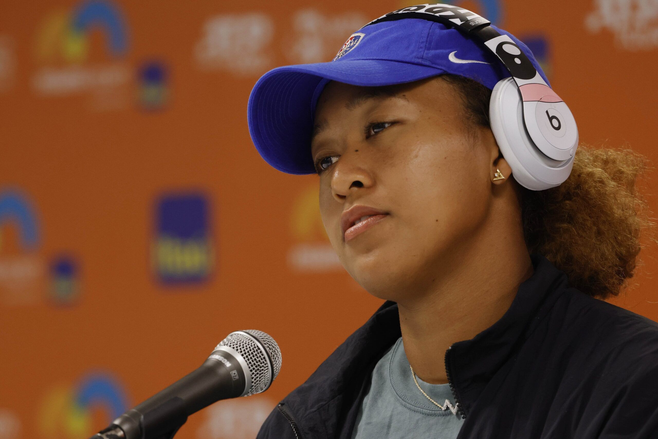 Naomi Osaka (JPN) speaks at a press conference after her match against Belinda Bencic (SUI)(not pictured) in a women's singles semifinal in the Miami Open at Hard Rock Stadium.
