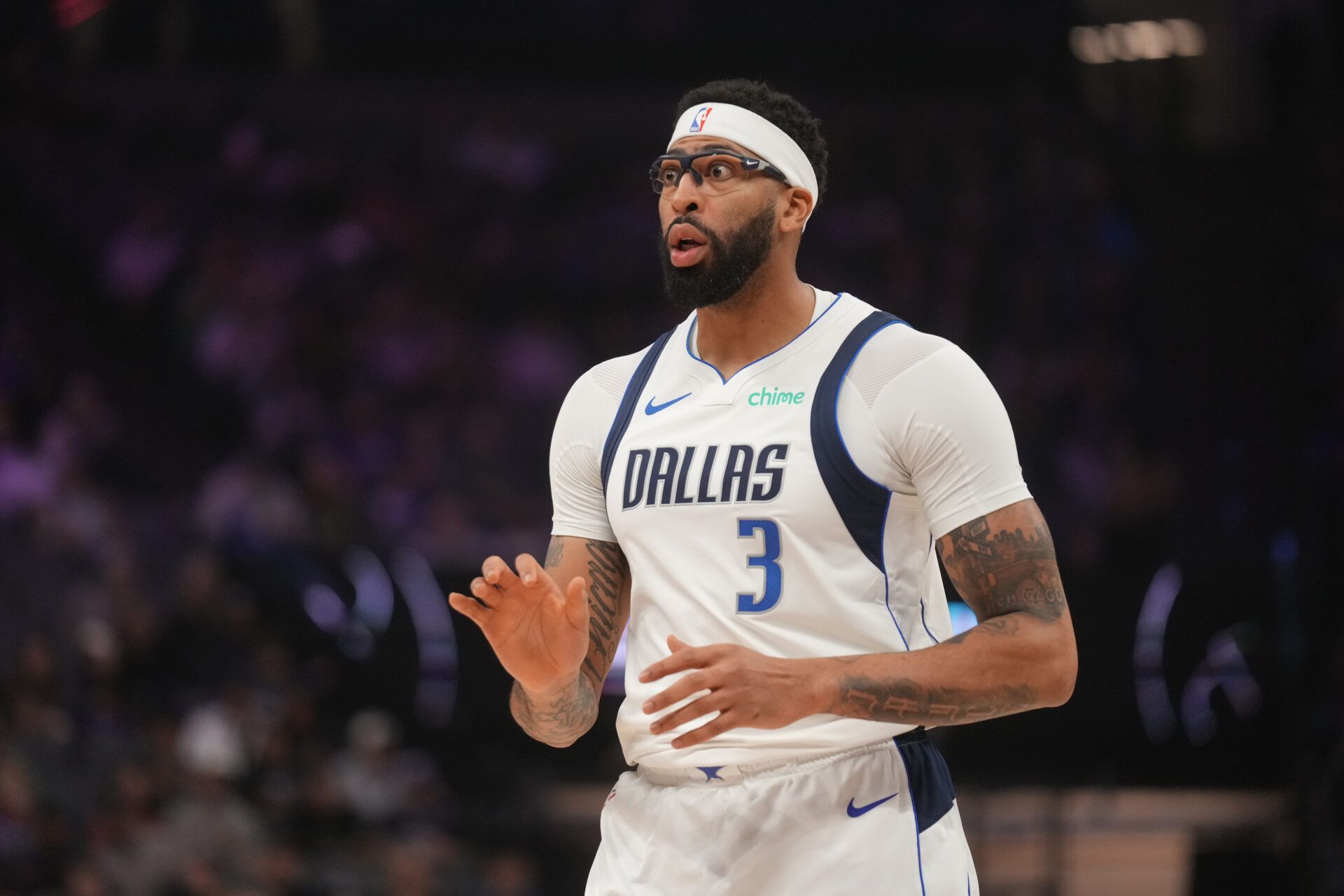 Dallas Mavericks forward Anthony Davis (3) reacts after being fouled against the Sacramento Kings in the first quarter at the Golden 1 Center.