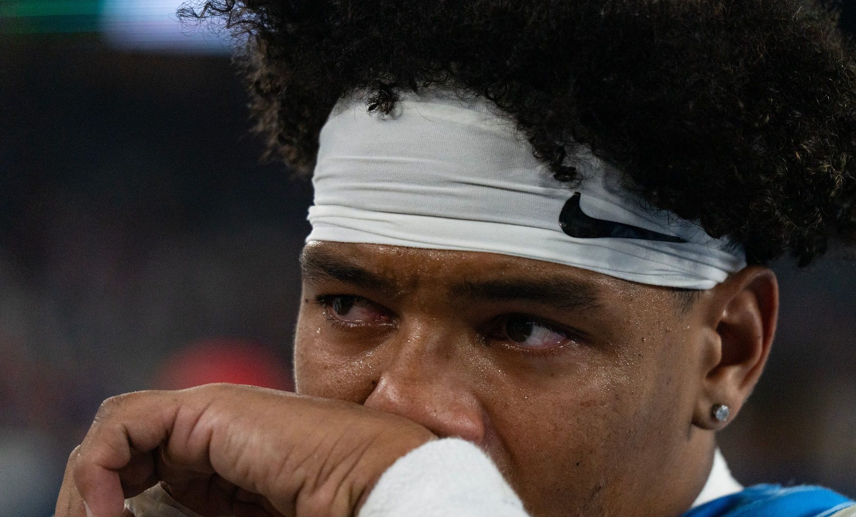 Ole Miss quarterback Trinidad Chambliss (6) cries after losing the CFP Fiesta Bowl against Miami at the State Farm Stadium, in Glendale, Ariz., on Thursday, Jan. 8, 2026.