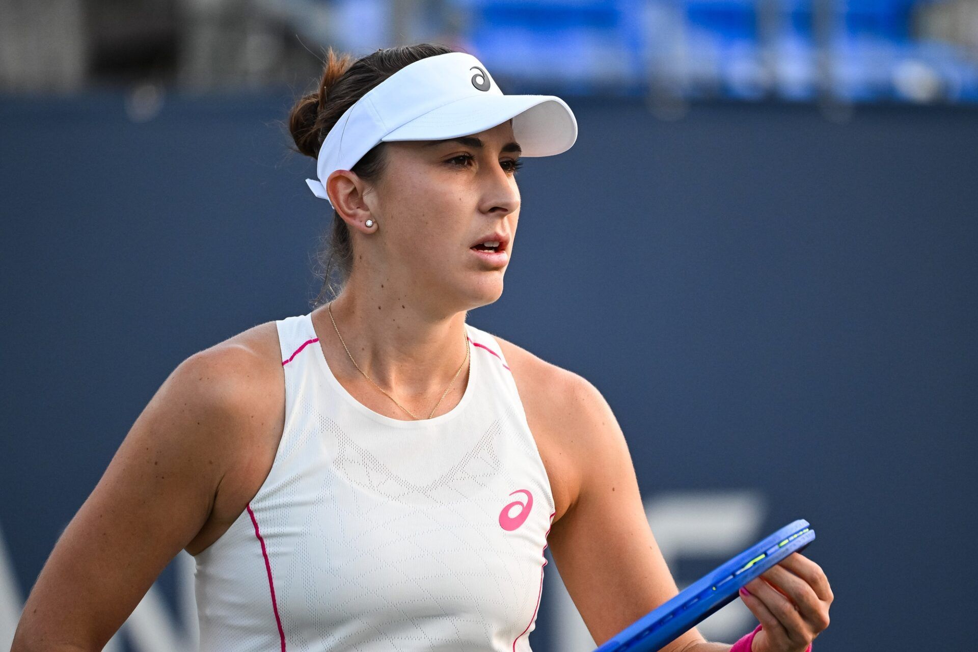 Belinda Bencic (SUI) waits for Karolina Muchova (CZE) to serve the ball in third round play at IGA Stadium.