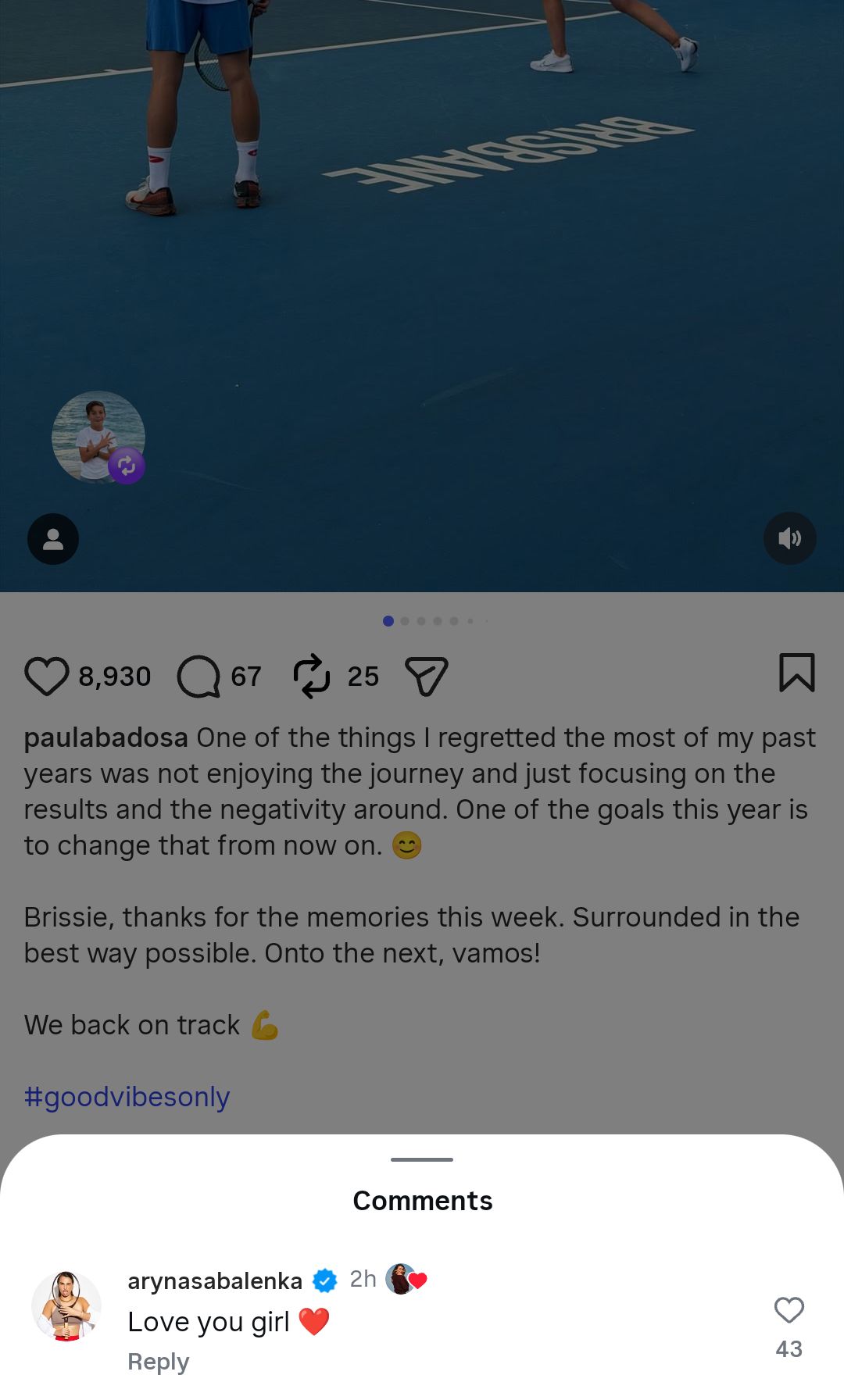 Screen grab of Aryna Sabalenka's comment under Paula Badosa's post