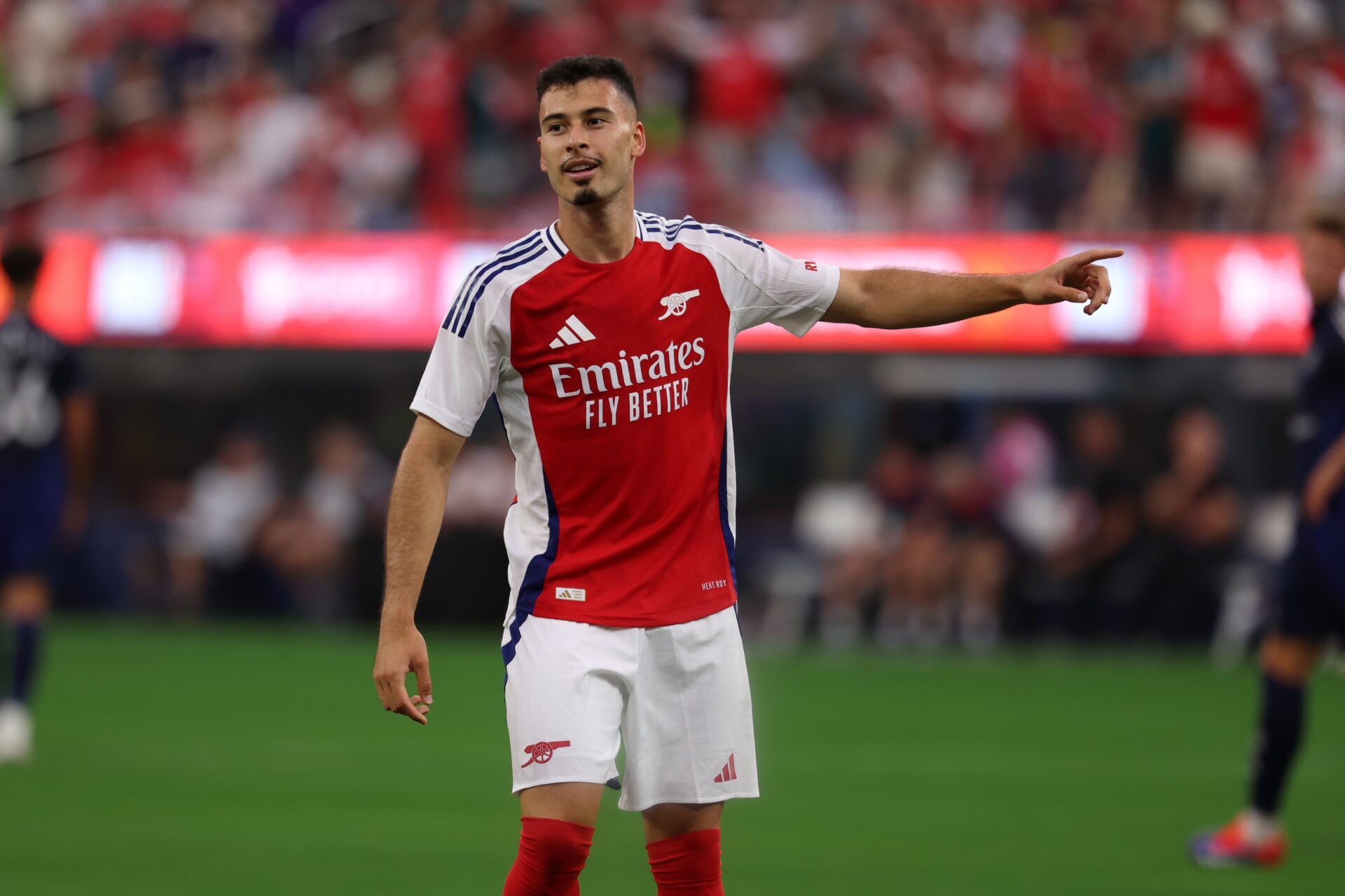 Arsenal forward Gabriel Martinelli (11) reacts after scoring a goal during the second half against the Manchester United at SoFi Stadium.
