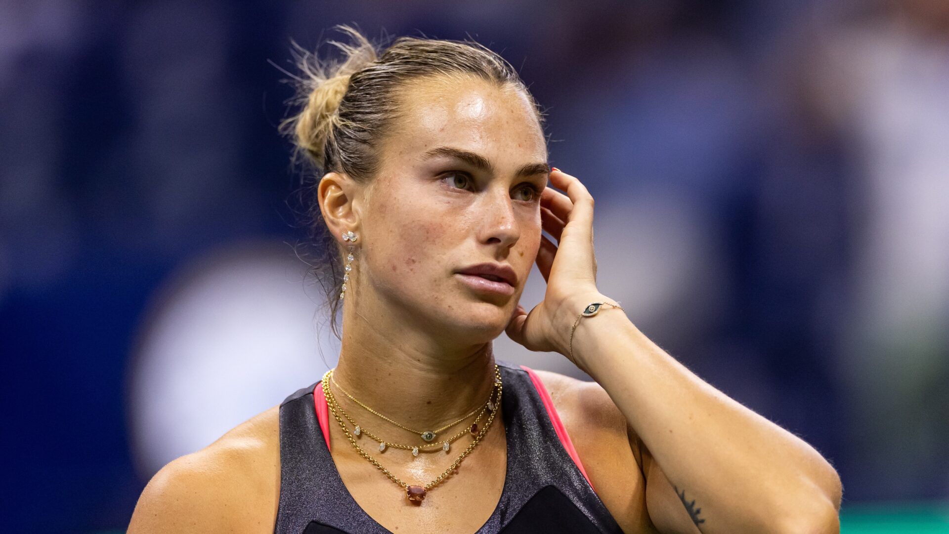 Aryna Sabalenka of Belarus in action against Polina Kudermetova of Russia in the second round of the women’s singles at the US Open at Arthur Ashe Stadium in Billie Jean King National Tennis Center.