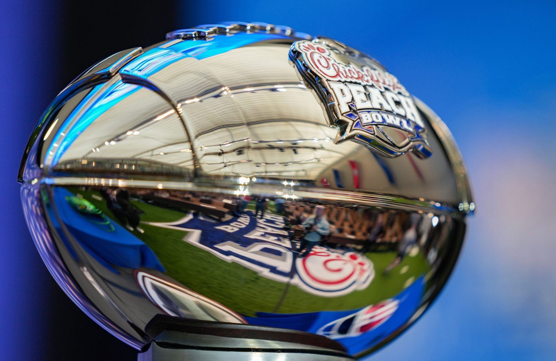 The Peach Bowl trophy is seen Thursday, Jan. 8, 2026, during a coaches' press conference ahead of the College Football Playoff Peach Bowl game at the College Football Hall of Fame in Atlanta.