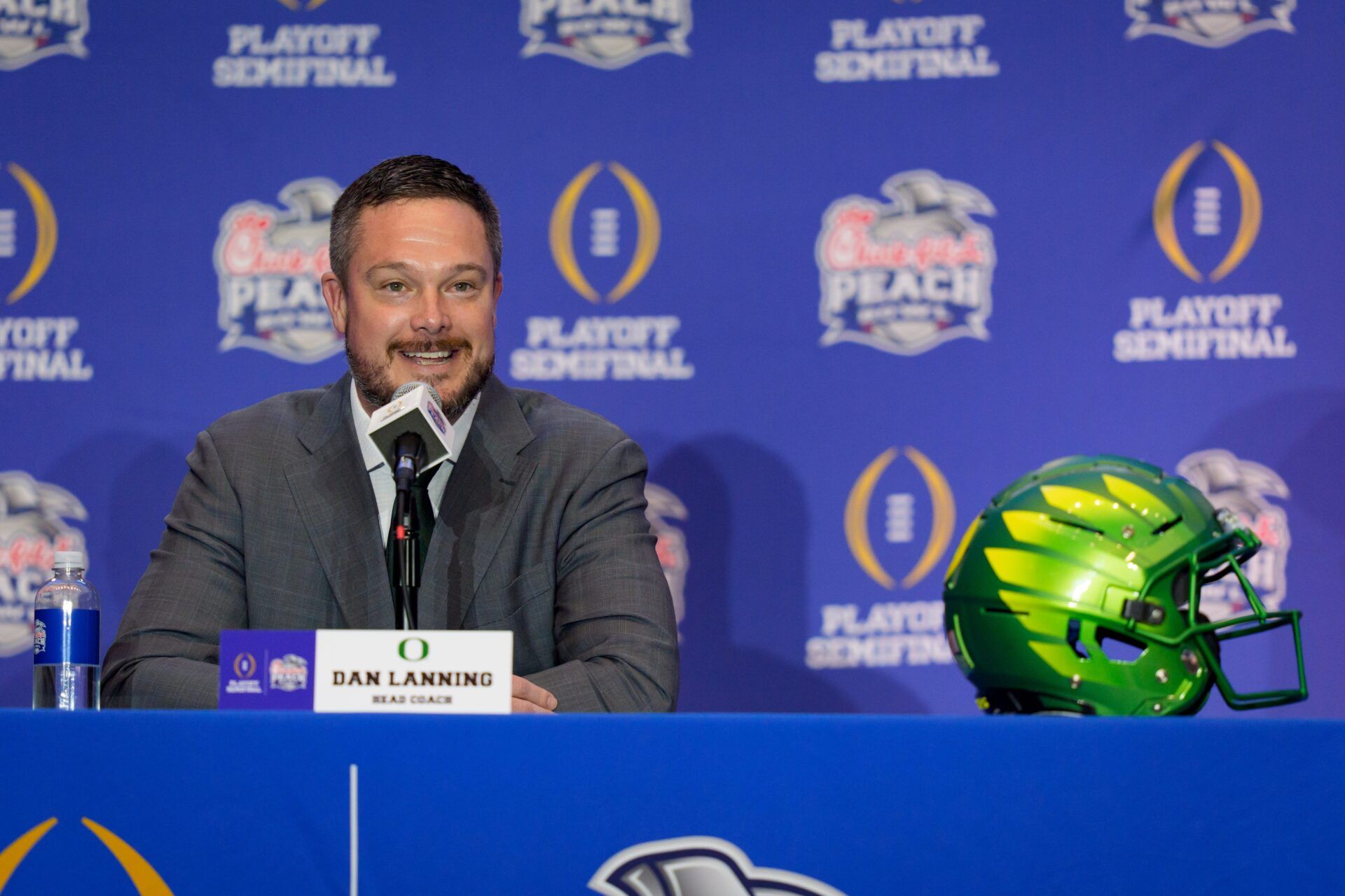Oregon head coach Dan Lanning speaks during the head coaches’ press conference ahead of the Peach Bowl at the College Football Hall of Fame in Atlanta, Georgia, on Jan. 8, 2026.