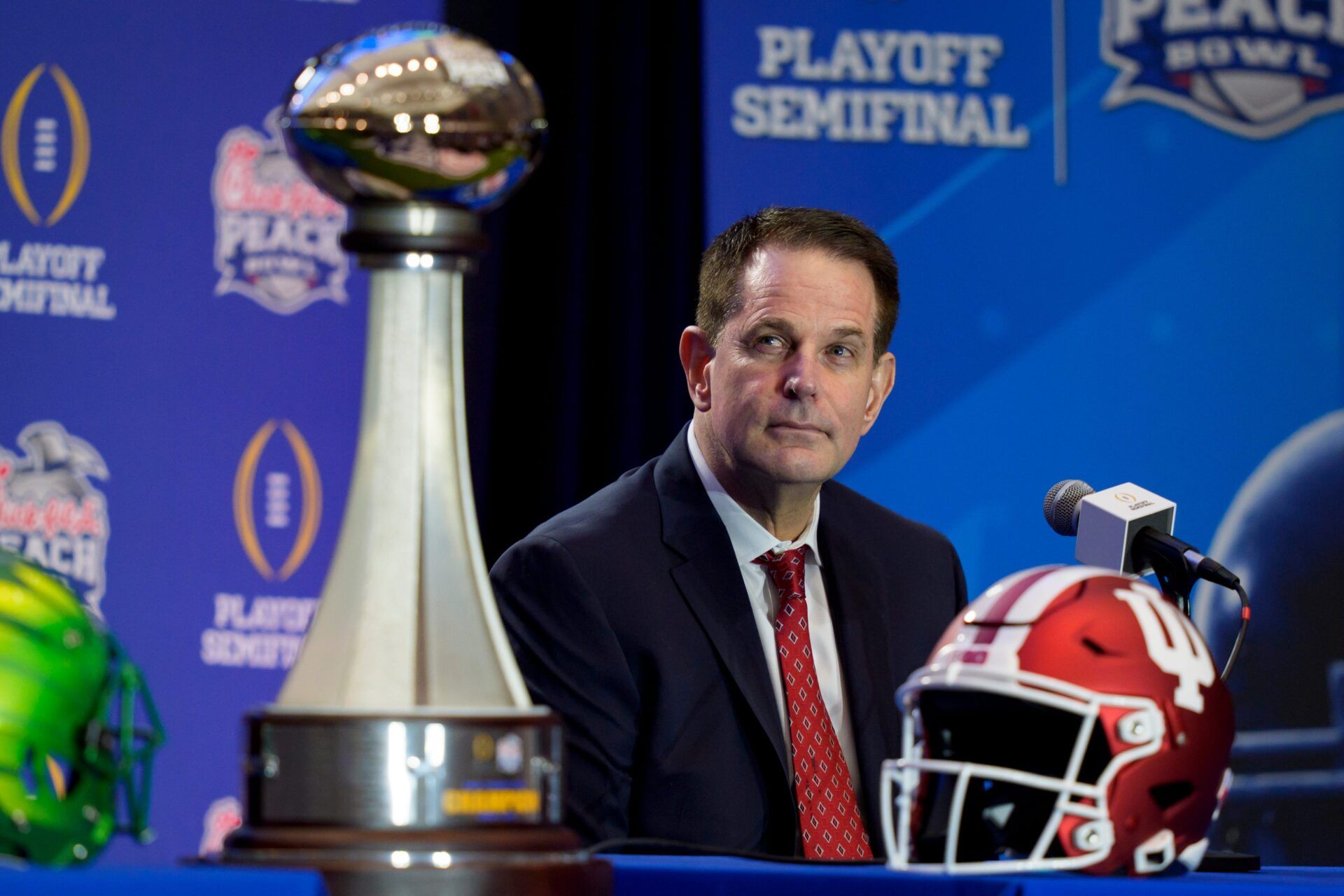 Indiana head coach Curt Cignetti listens during the head coaches’ press conference ahead of the Peach Bowl at the College Football Hall of Fame in Atlanta, Georgia, on Jan. 8, 2026.