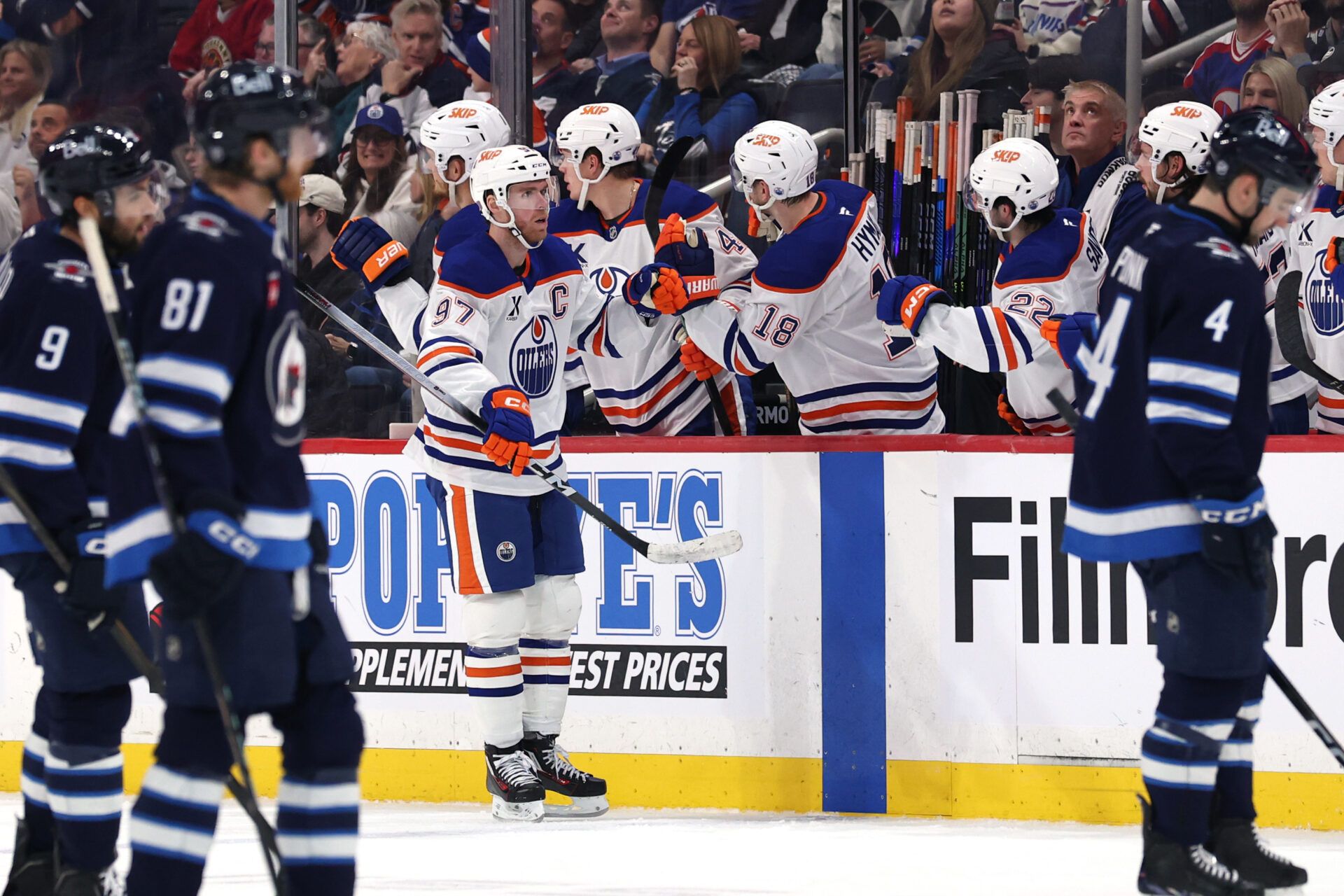 Edmonton Oilers center Connor McDavid (97) celebrates a goal against the Winnipeg Jets in the second period at Canada Life Centre.