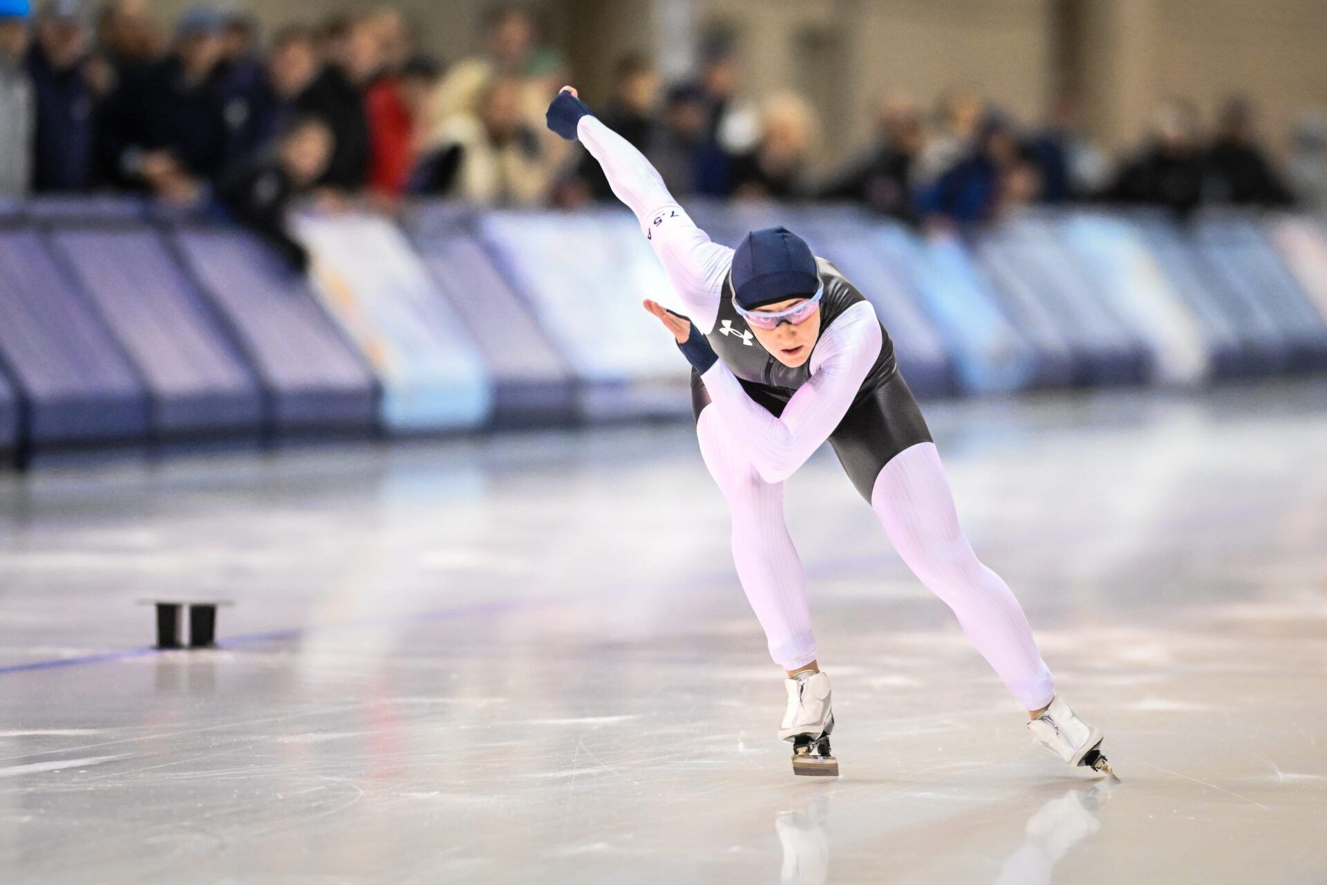 Kimi Goetz races in the 500 meters in the U.S. long-track championships Friday, November 1, 2024, at the Pettit National Ice Center in Milwaukee, Wisconsin.
