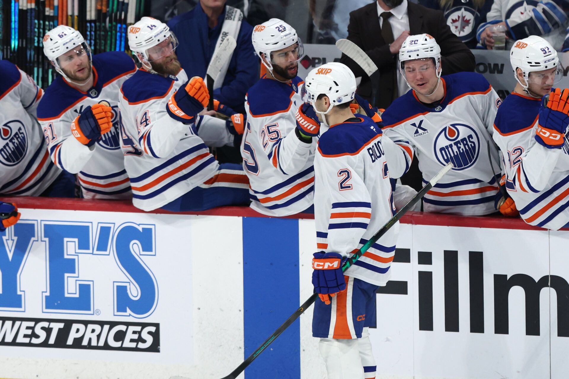 Edmonton Oilers defenseman Evan Bouchard (2) celebrates his goal against the Winnipeg Jets in the third period at Canada Life Centre.