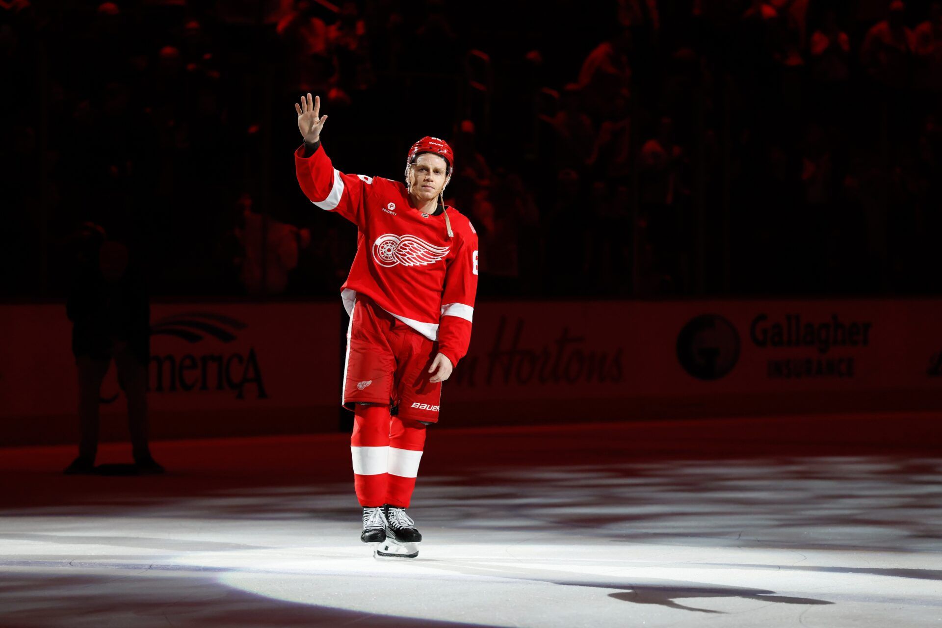 Detroit Red Wings right wing Patrick Kane (88) is recognized a a star of the game against the Vancouver Canucksat Little Caesars Arena.