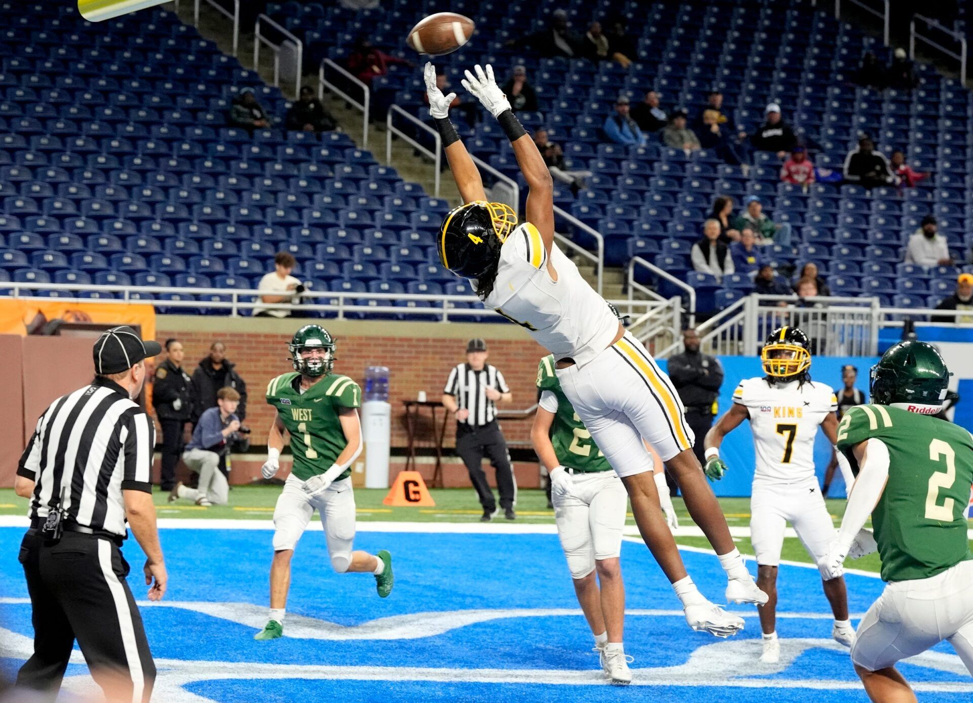 Detroit King's Xavier Newsom comes up short from catching a touchdown in the end zone during his team’s 42-22 loss to Zeeland West in the MHSAA Division 3 high school football final at Ford Field in Detroit on Saturday, Nov. 30, 2024.