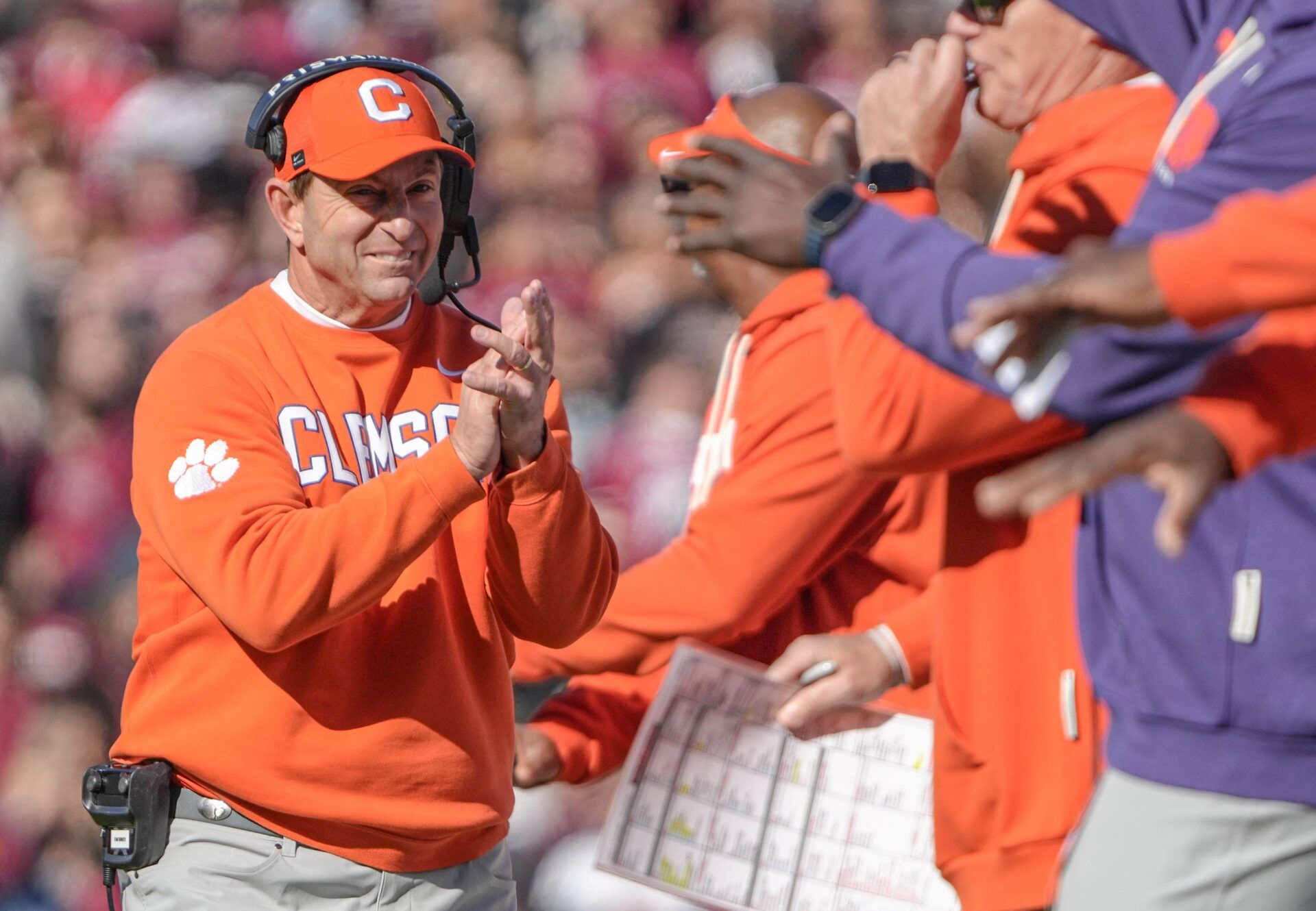 Clemson head coach Dabo Swinney claps after a defensive stand against South Carolina during the first quarter at Williams-Brice Stadium in Columbia, S.C. Saturday, November 29, 2025.
