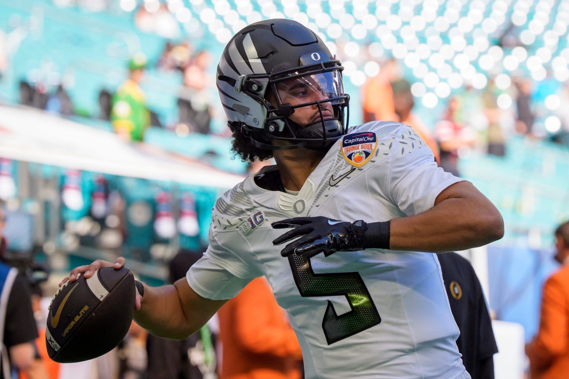 Oregon quarterback Dante Moore throws a pass as the Oregon Ducks take on the Texas Tech Red Raiders in the Orange Bowl on Jan. 1, 2026, at Hard Rock Stadium in Miami, Florida.