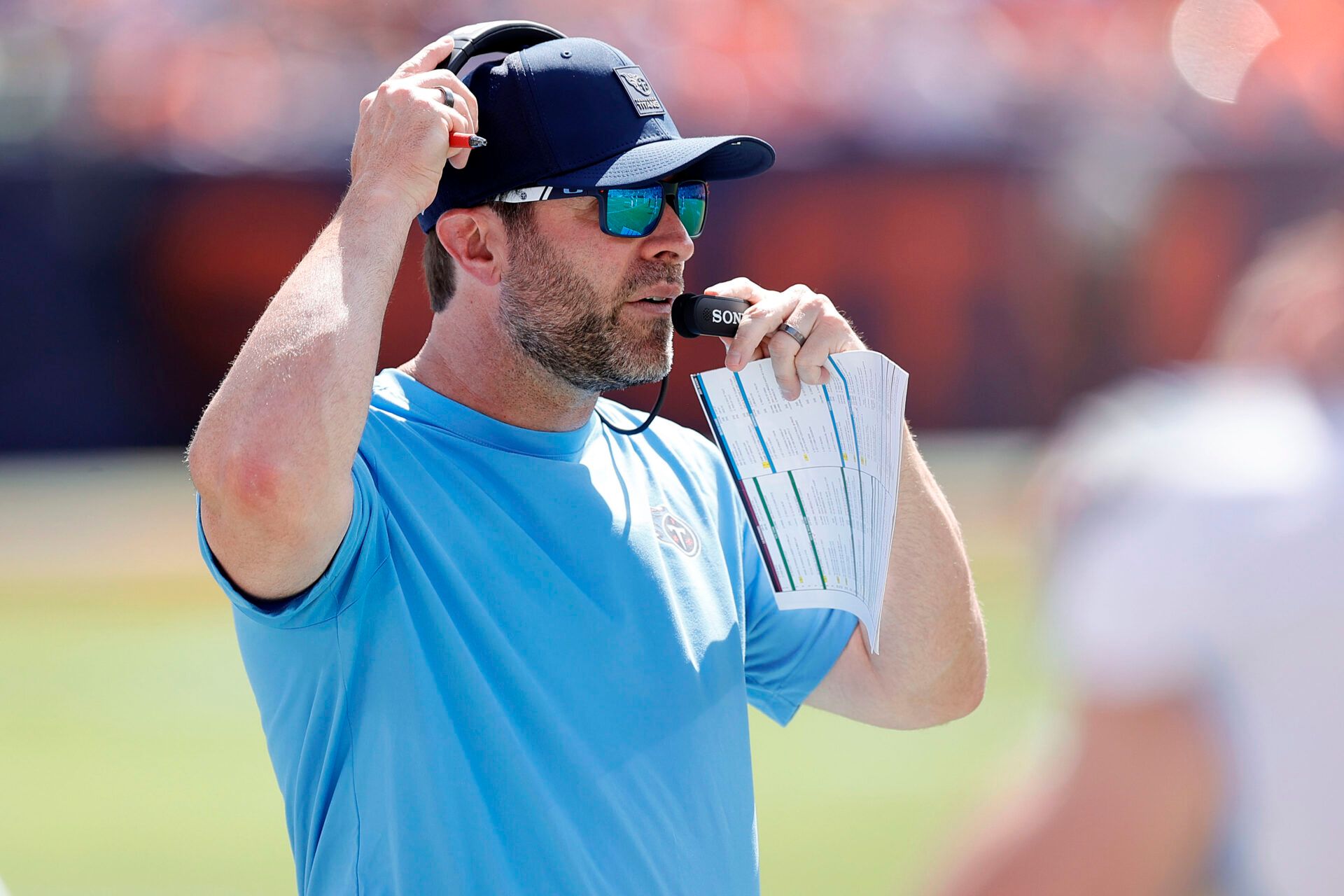 Tennessee Titans head coach Brian Callahan in the first half at Empower Field at Mile High.