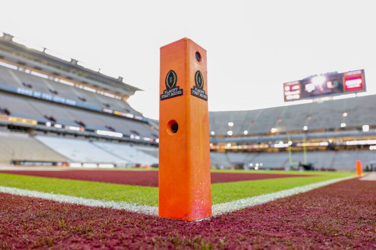 A detail view of College Football Playoffs logo on a pylon at Kyle Field prior to the game between the Miami Hurricanes and the Texas A&M Aggies.