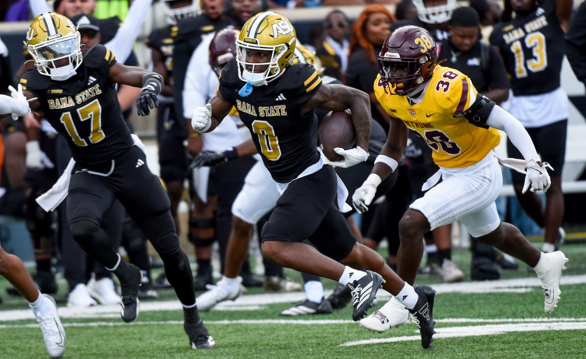 Alabama State wide receiver Jalen Jones (0) carries for a touchdown against Bethune-Cookman during their game on the ASU campus in Montgomery, Ala., on Saturday October 4, 2025.
