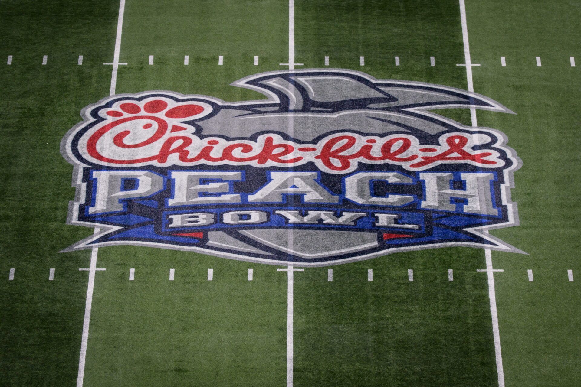 The Peach Bowl logo adorns center field during a media day as the Oregon Ducks arrive on Jan. 7, 2025, in Atlanta, Georgia ahead of the Peach Bowl at Mercedes-Benz Stadium.