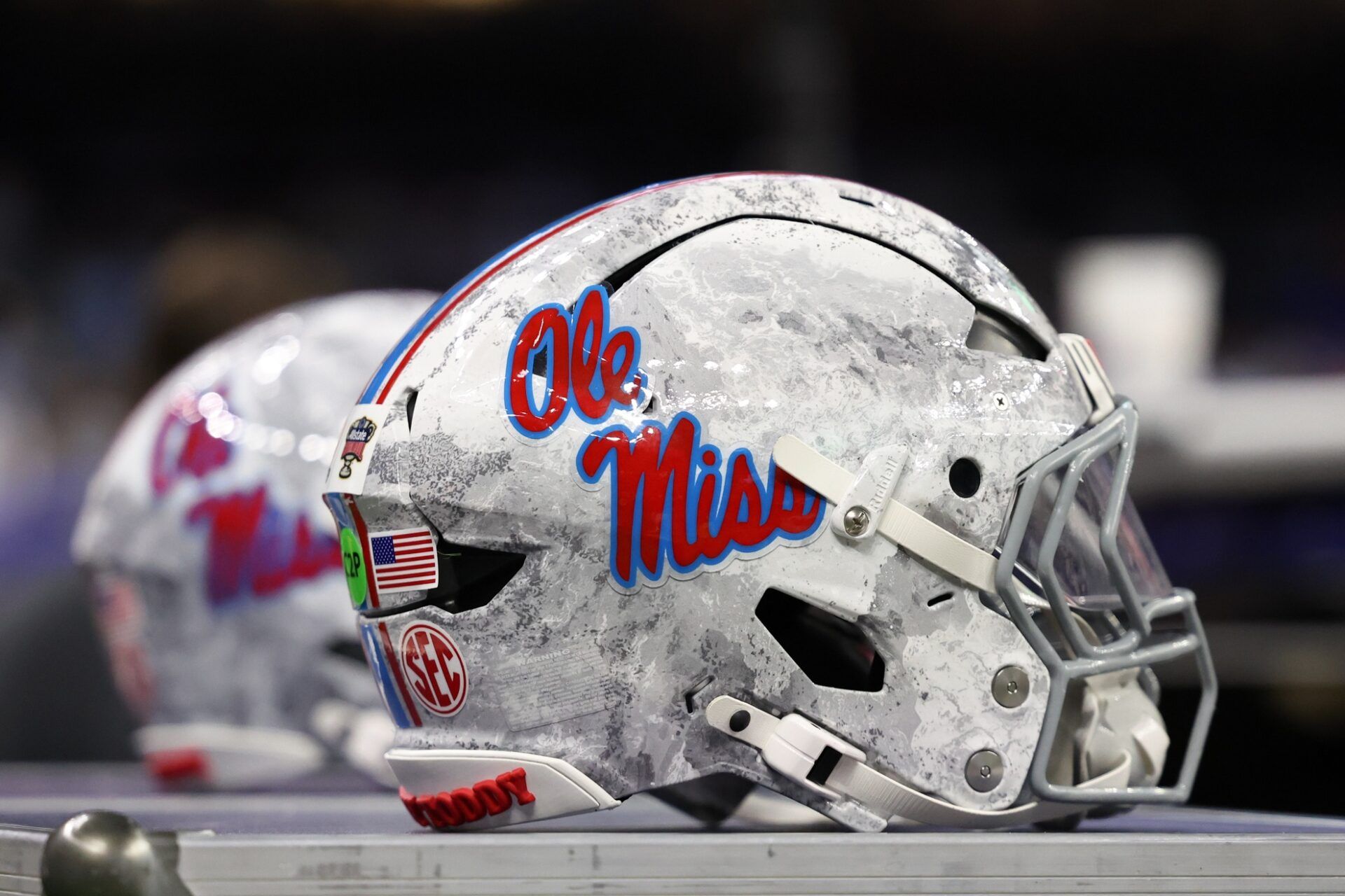 A Mississippi Rebels helmet is seen prior to the 2026 Sugar Bowl and quarterfinal game of the College Football Playoff against the Georgia Bulldogs at Caesars Superdome.