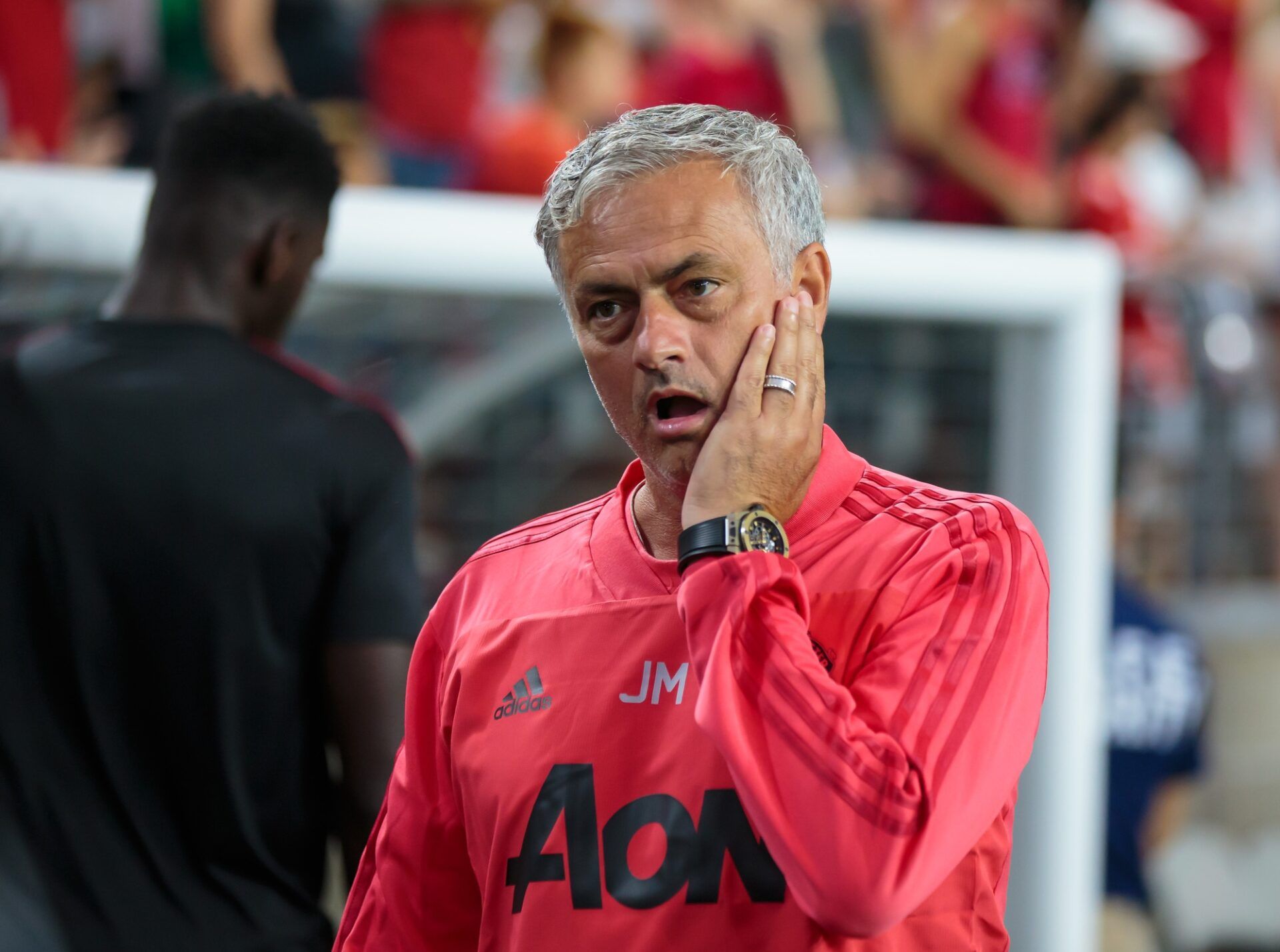 Manchester United manager Jose Mourinho reacts against Club America during an international friendly soccer match at University of Phoenix Stadium.