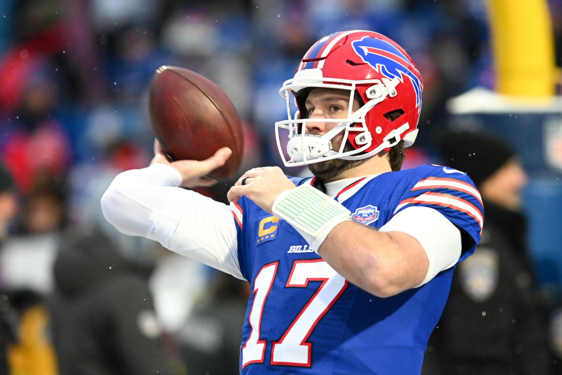 Buffalo Bills quarterback Josh Allen (17) warms up before the game against the New York Jets at Highmark Stadium.