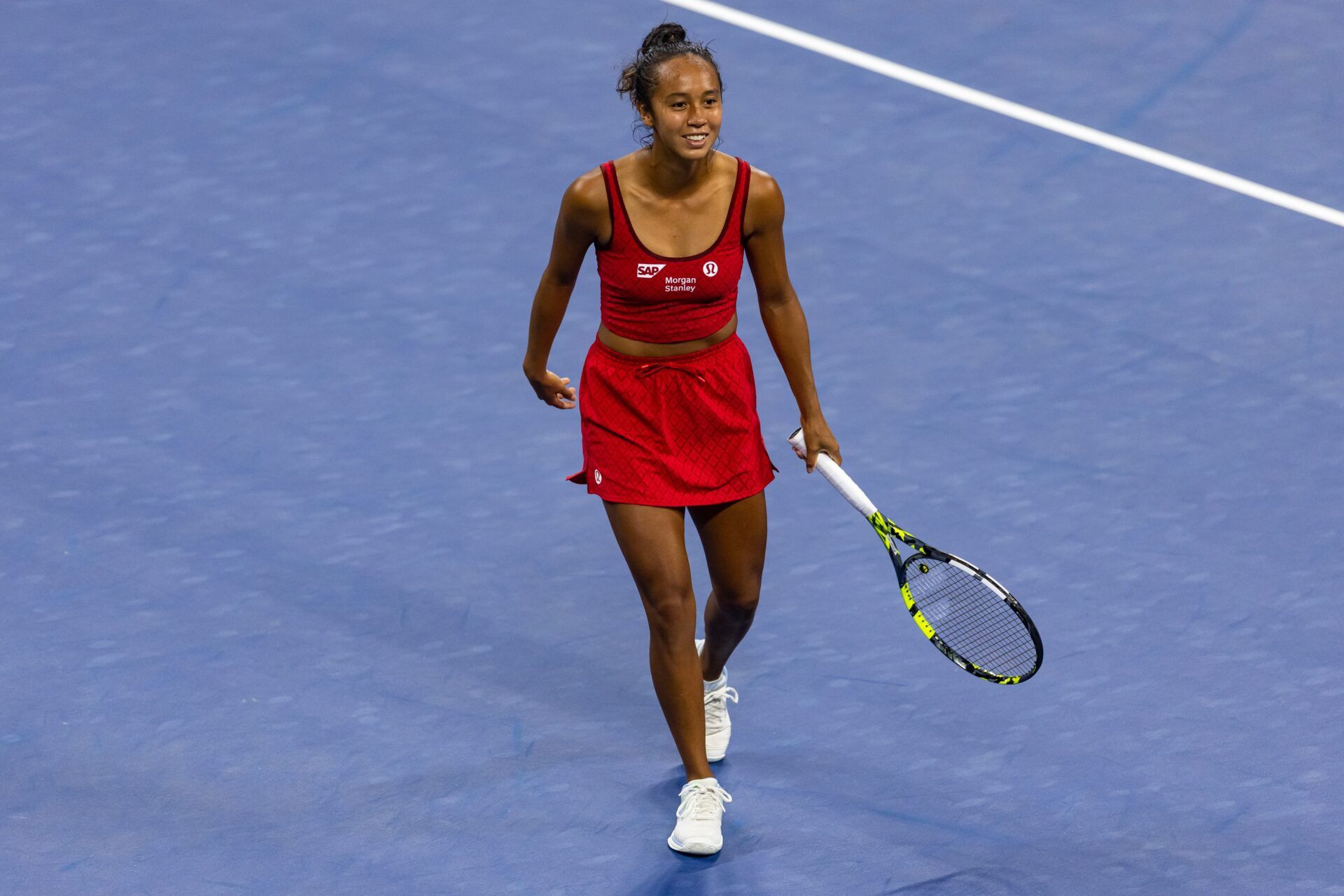 Leylah Fernandez of Canada in action against Aryna Sabalenka of Belarus in the third round of the women’s singles at the US Open at Louis Armstrong Stadium in Billie Jean King National Tennis Center.