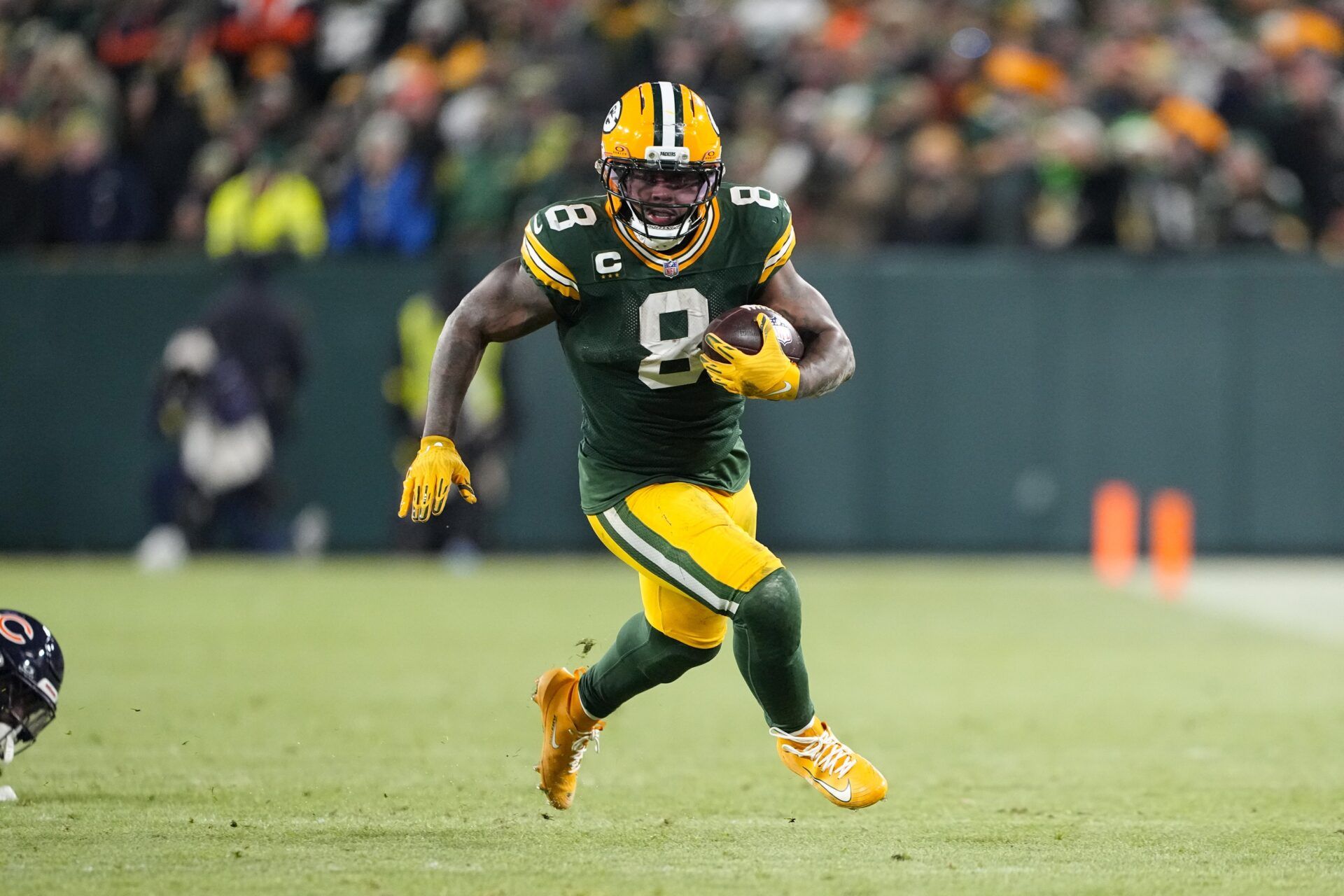 Green Bay Packers running back Josh Jacobs (8) during the game against the Chicago Bears at Lambeau Field.