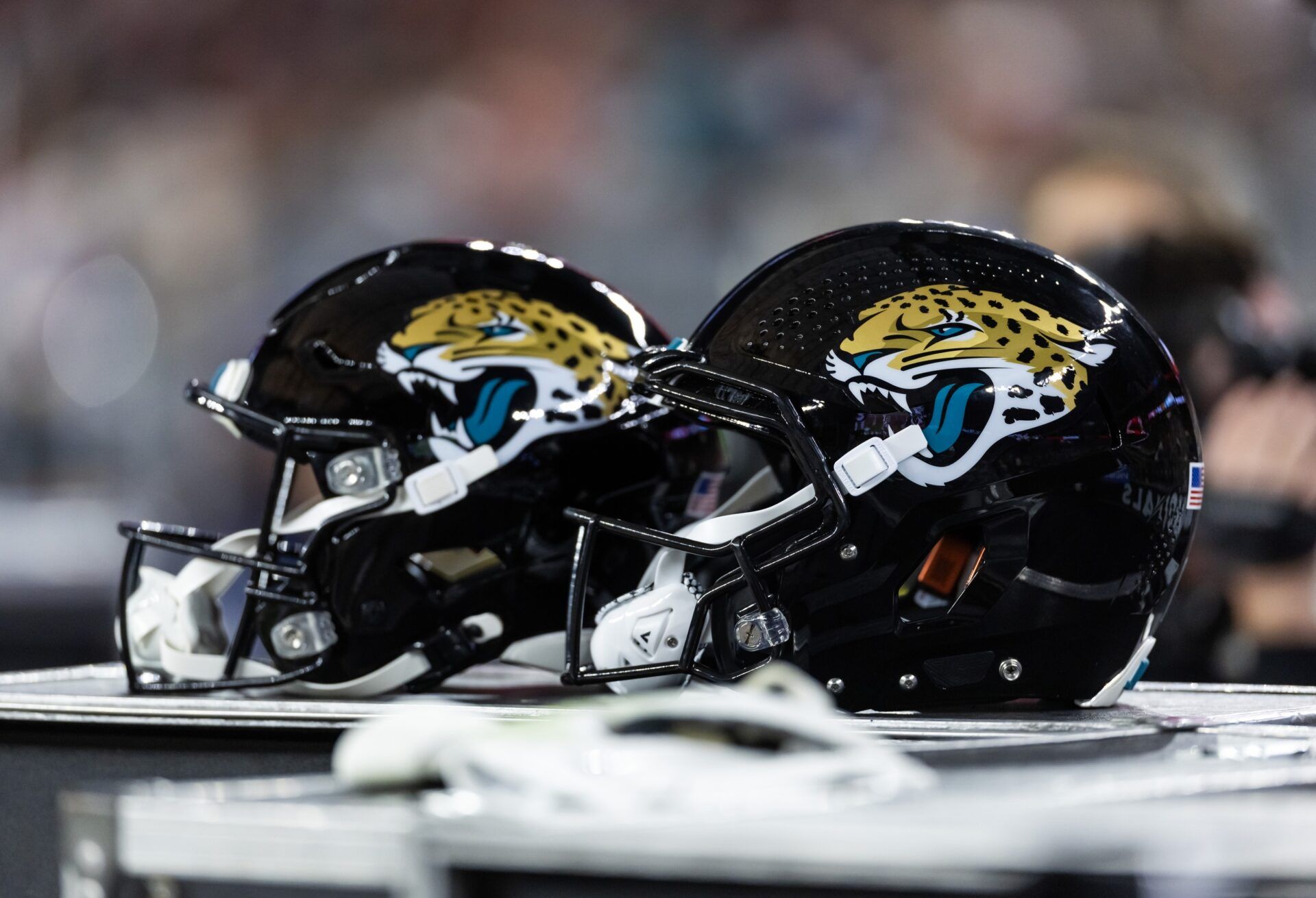 Detailed view of a Jacksonville Jaguars helmet at State Farm Stadium.