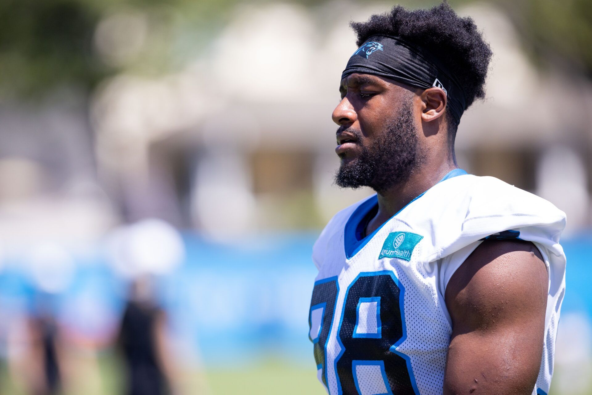 Carolina Panthers linebacker D.J. Wonnum (98) walks off after practice during training camp.