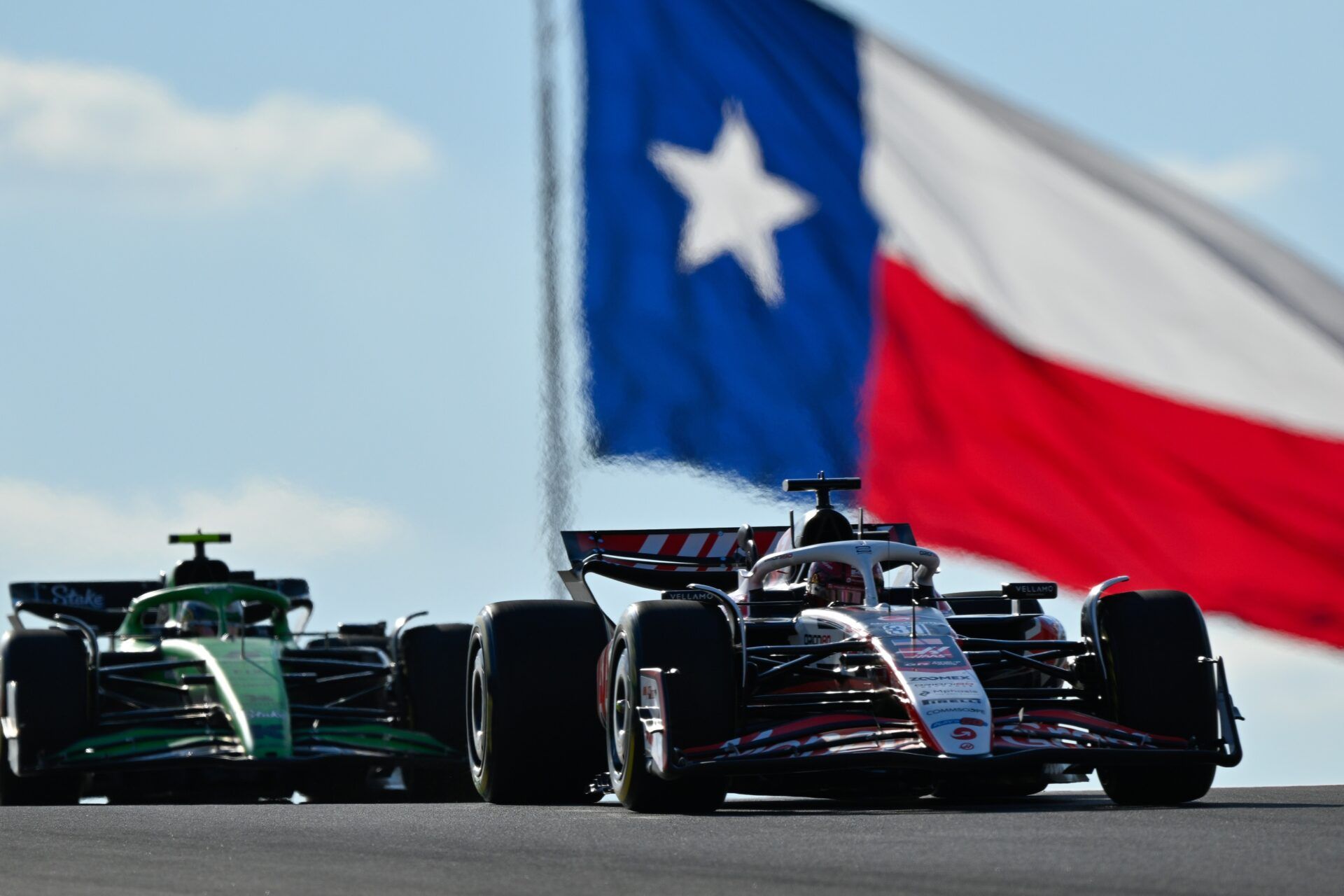 MoneyGram Haas F1 driver Esteban Ocon (31) of Team France and Stake F1 Team Kick Sauber driver Gabriel Bortoleto (5) of Team Brazlil drives during qualifying for the Sprint race in the US Grand Prix at Circuit of The Americas Austin.