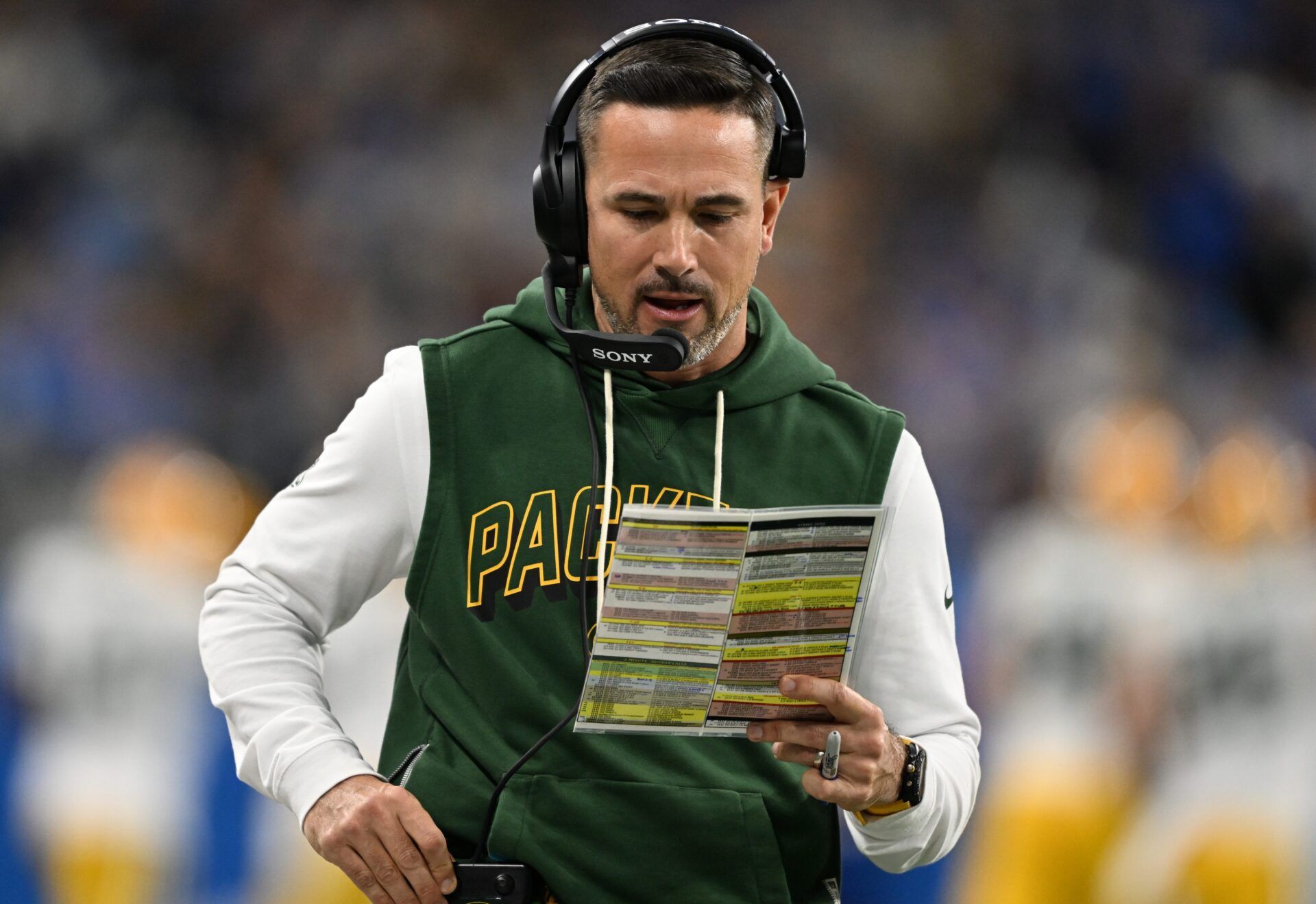 Green Bay Packers head coach Matt LaFleur calls a play against the Detroit Lions during the first quarter at Ford Field.